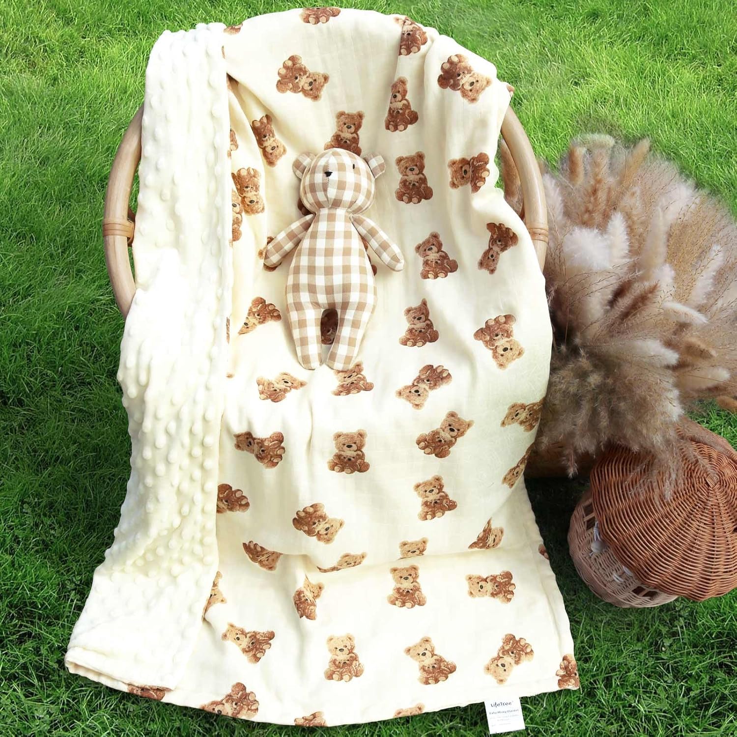 LifeTree Baby Swaddle Blanket with Dotted Fleece Backing Bear Pattern 31x40 Inches