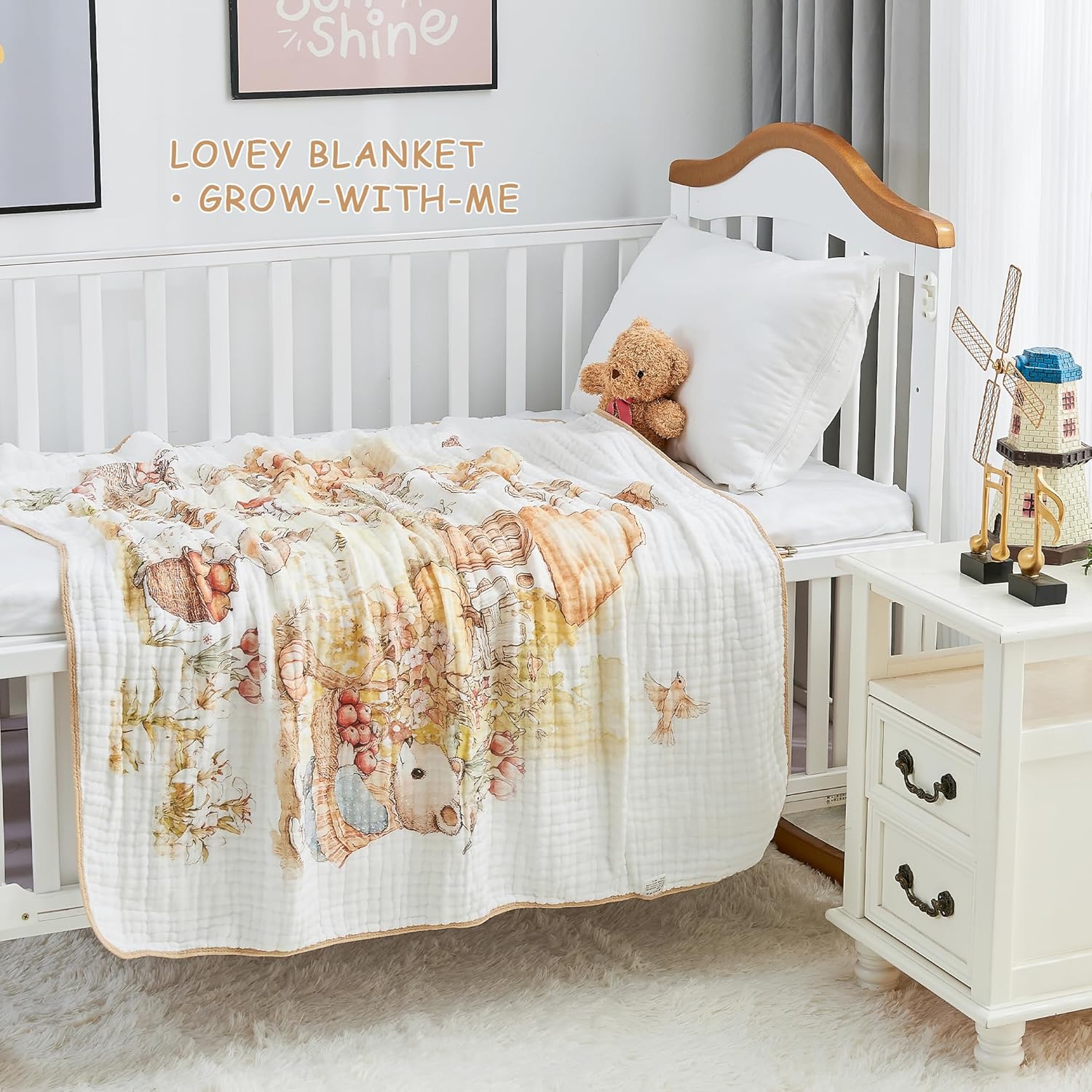 ROSE FEATHER 6-Layer Muslin Baby Blanket with Rabbit Print