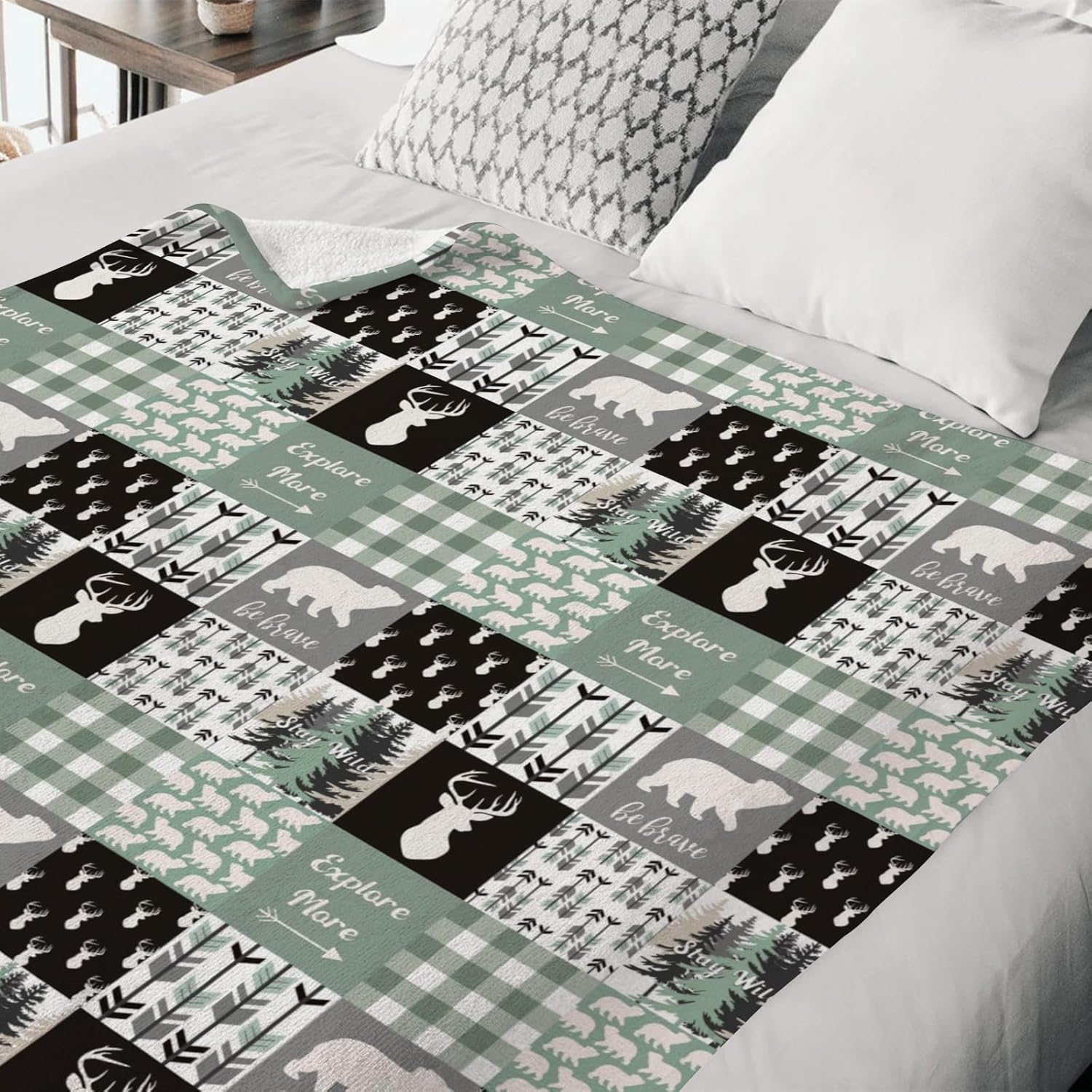 Teal Blue Plaid Bear Deer Arrow Flannel Fleece Baby Blanket