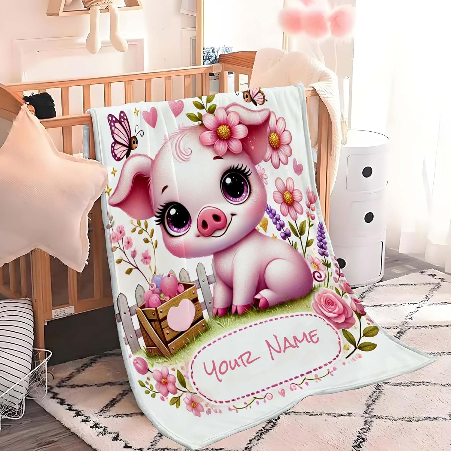 Personalized Name Pig Blanket Lightweight Flannel Throw for Summer