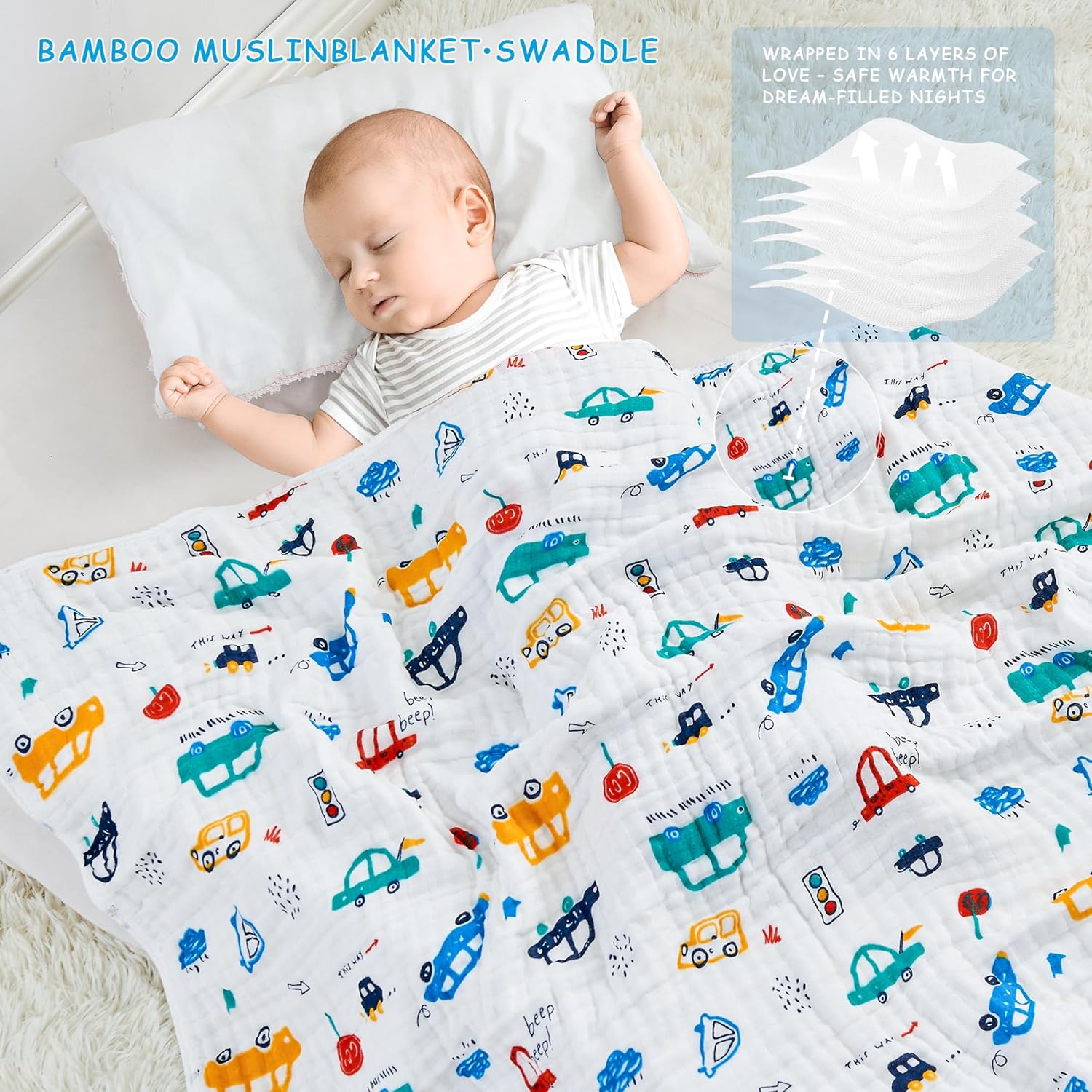 ROSE FEATHER 6-Layer Muslin Baby Blanket Cozy Swaddle 43x43 Inch