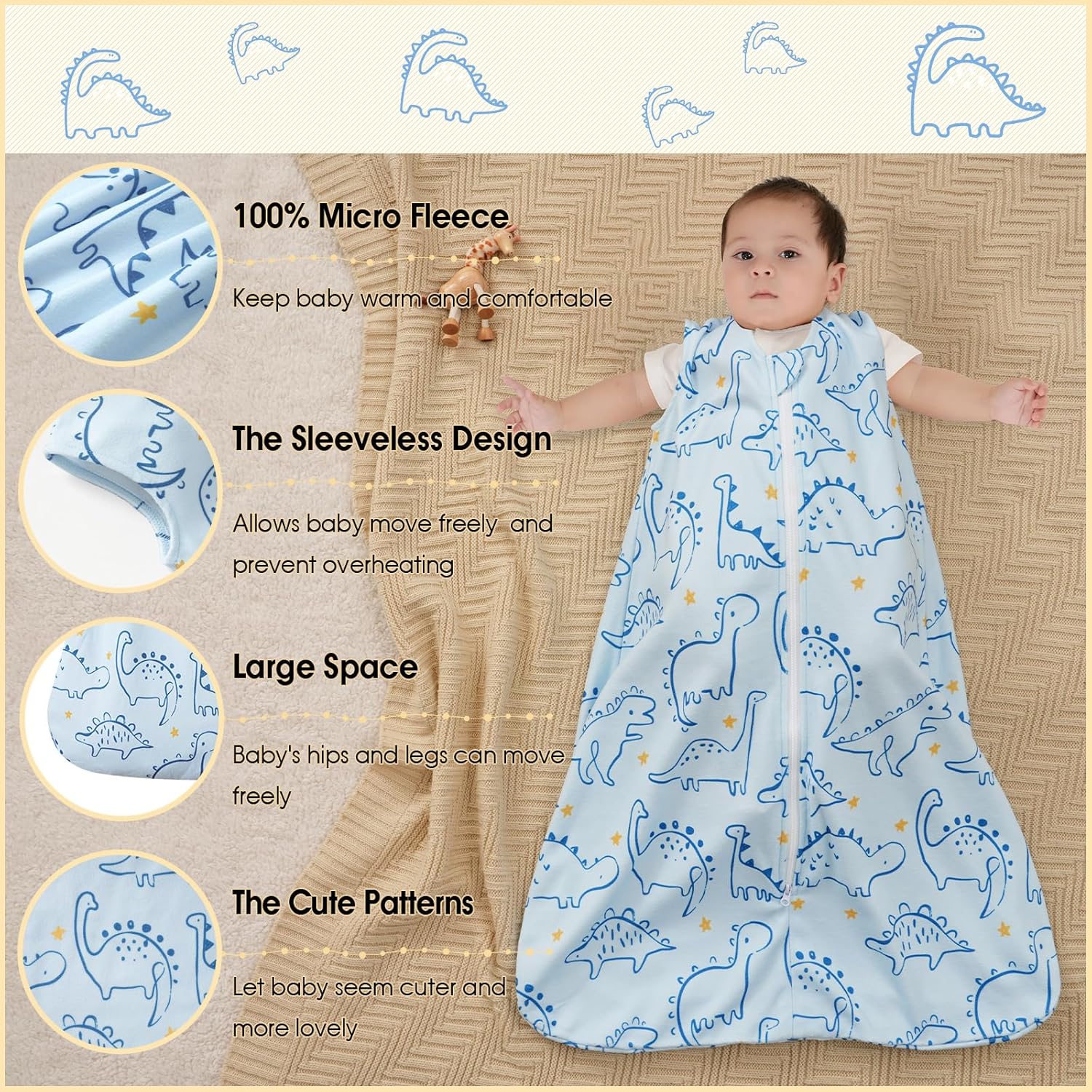 PHF 3 Pack Dinosaur Micro-Fleece Sleep Sack 0-6 Months