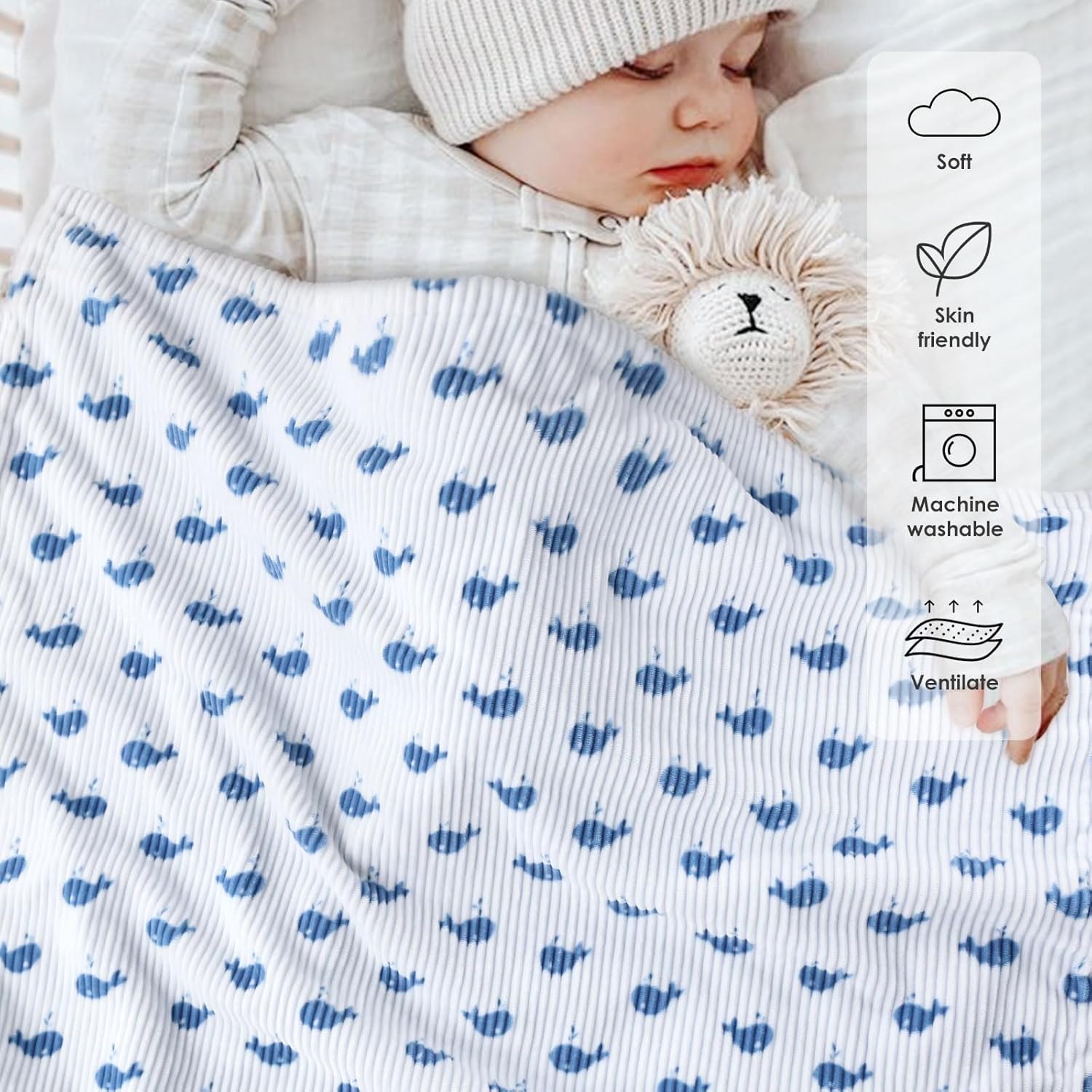 BORITAR Baby Blankets with Blue Whale Pattern and Double Dotted Fleece Backing