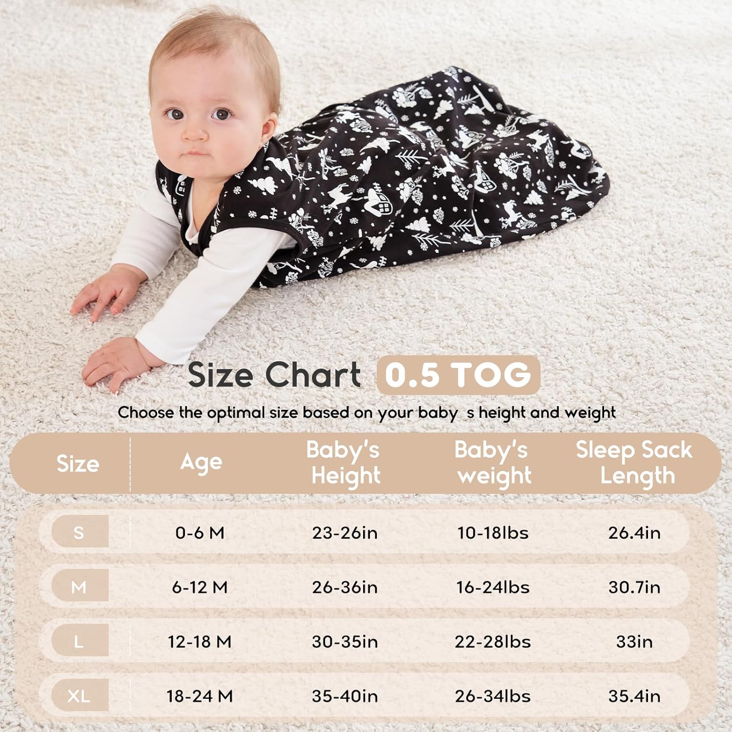 Yoofoss 0-6 Months Organic Cotton Sleep Sack 2-Way Zipper 05 TOG