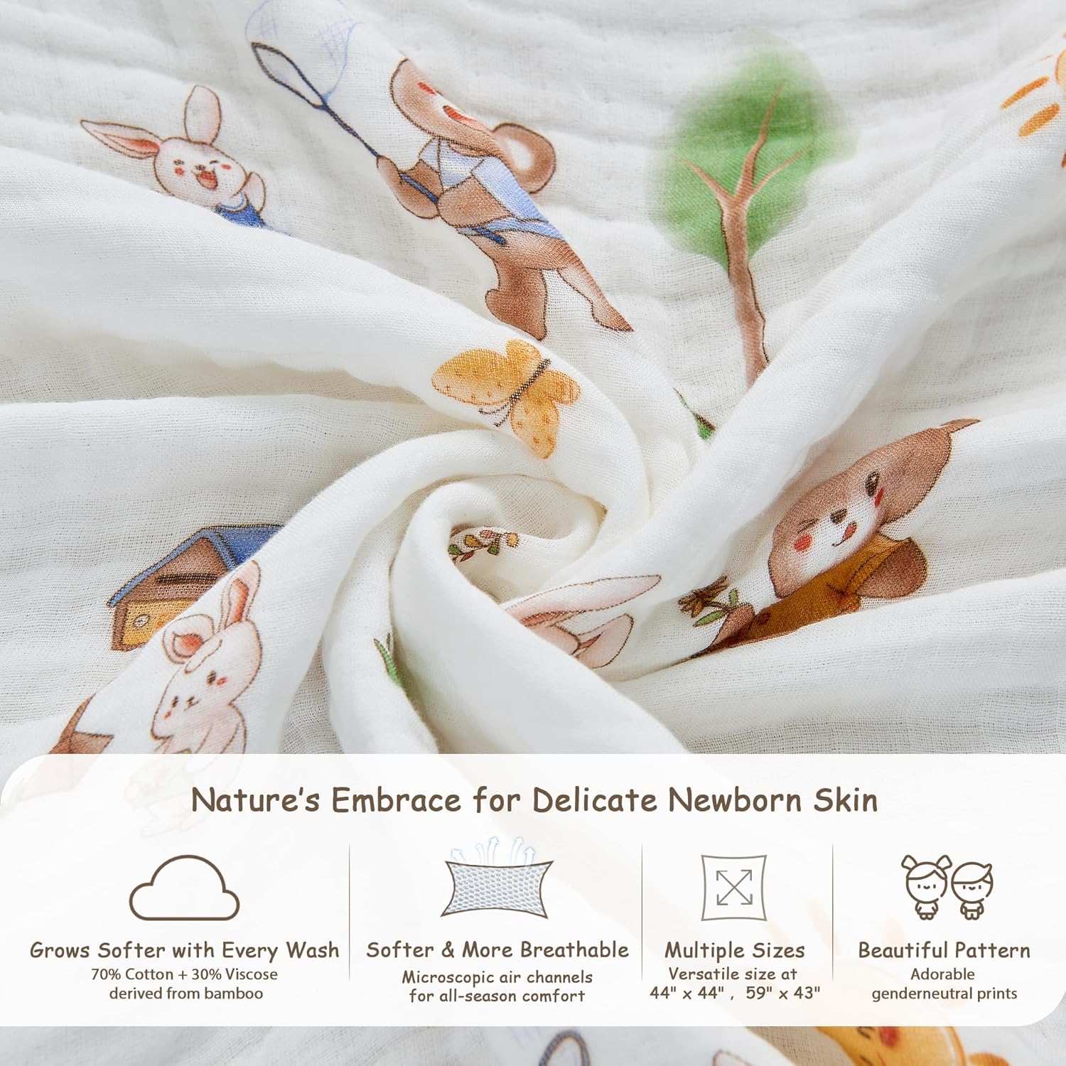 ROSE FEATHER 6-Layer Muslin Baby Blanket with Bear Print