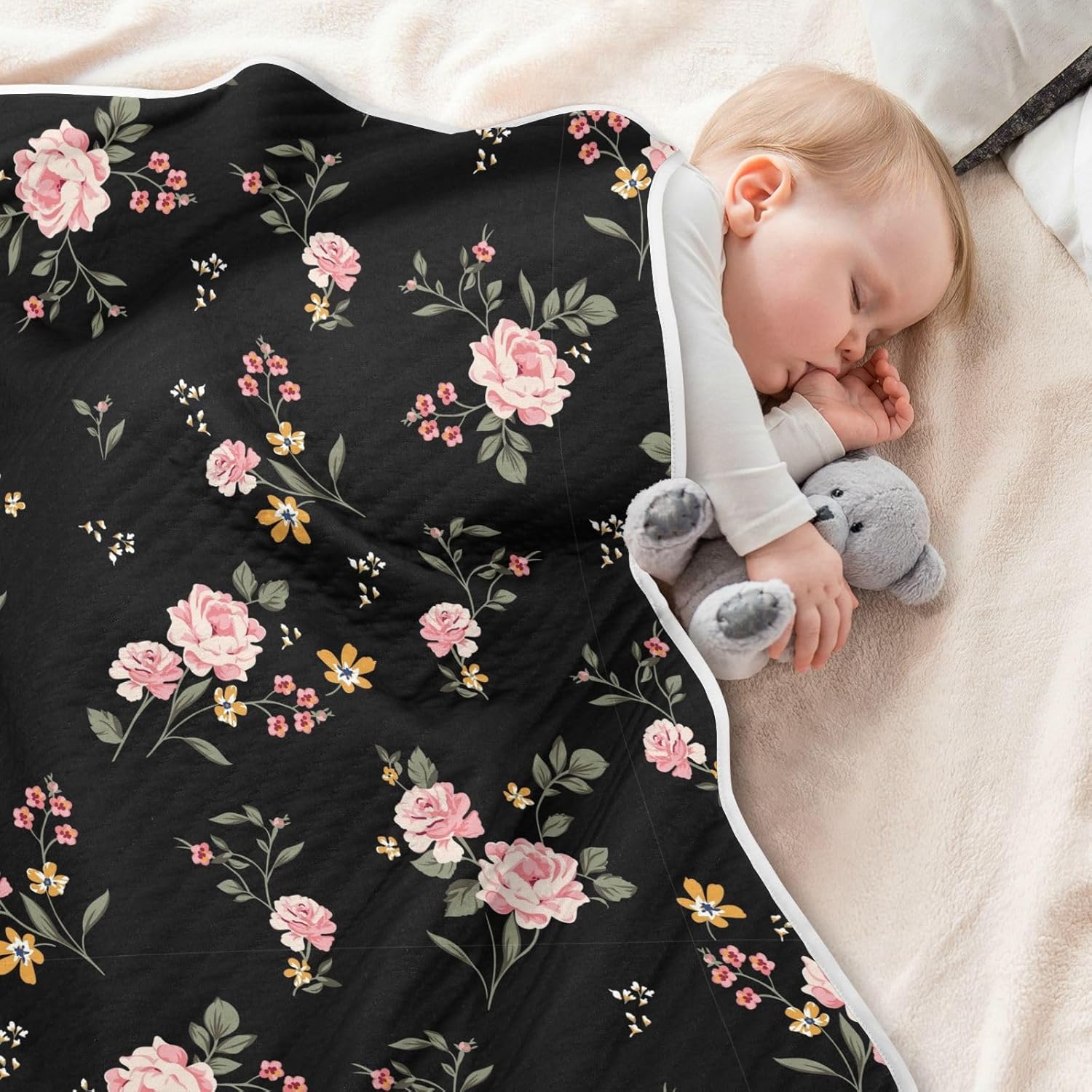 Wfrish Baby Blanket Rose Floral Pink Minky 30x40 In