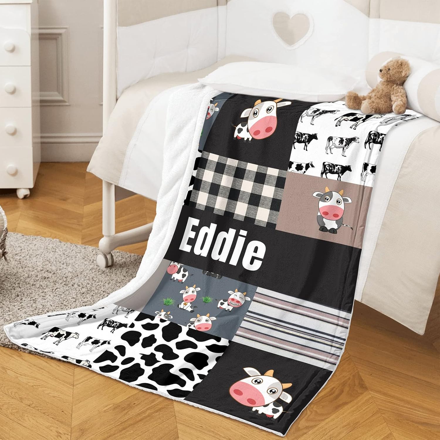 Personalized Baby Blanket with Name - Custom Cute Cow Design 30 x 40