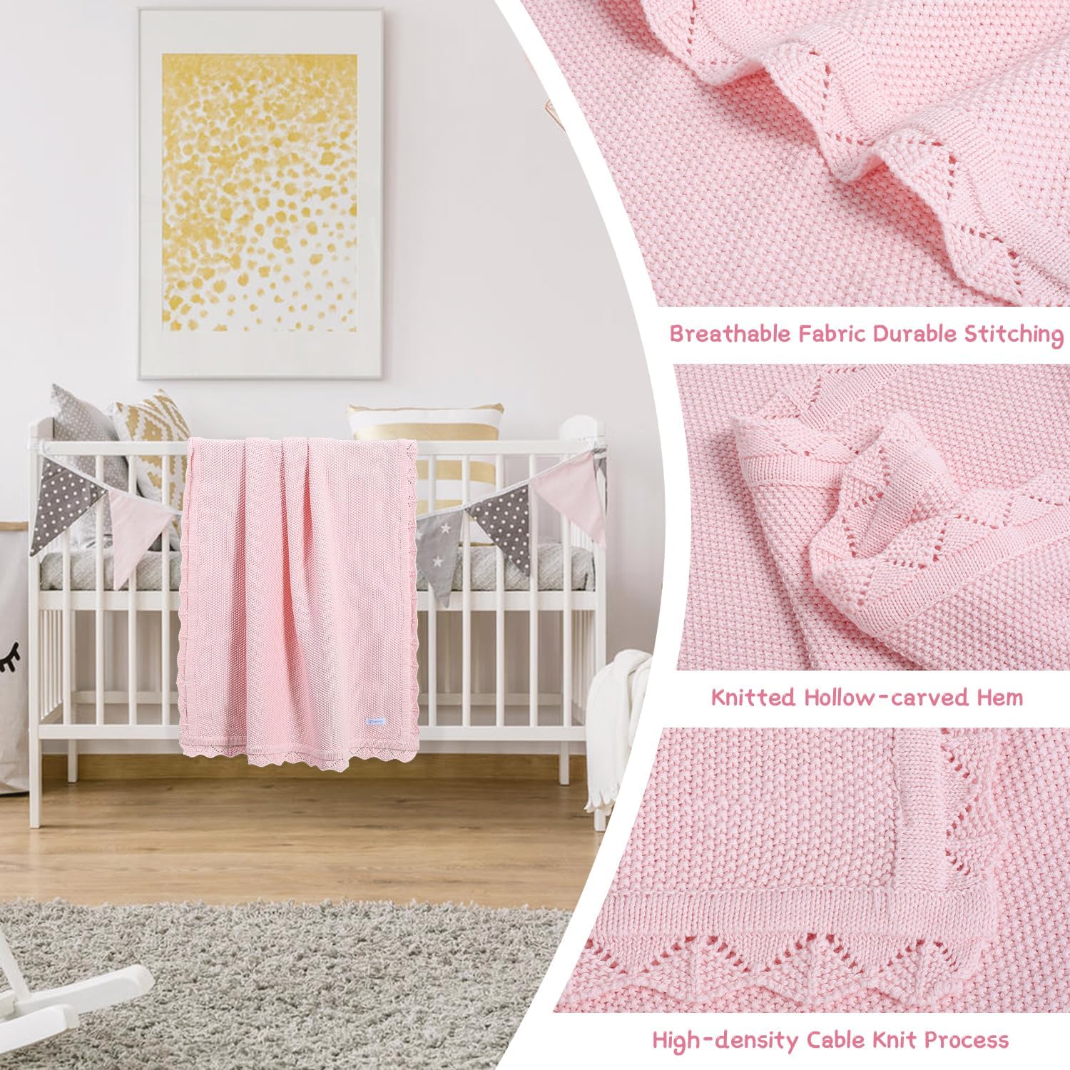 100 Cotton Baby Blanket Knit Soft Warm Light Pink 30x40 Inches