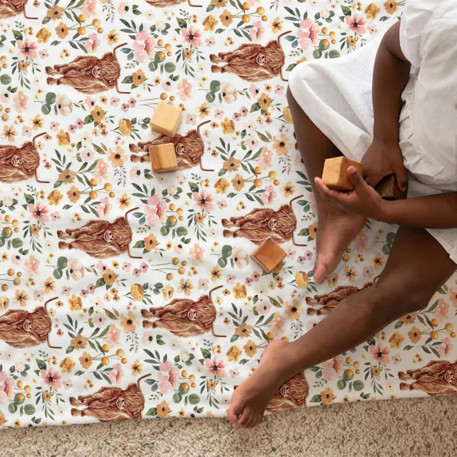 Boho Highland Cow Floral Baby Blanket for Kids