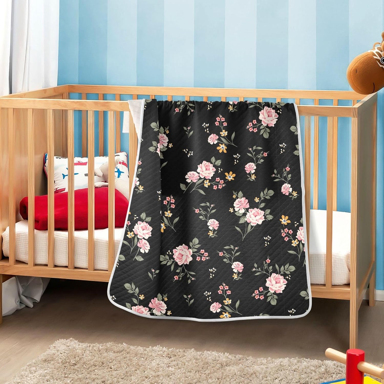 Wfrish Baby Blanket Rose Floral Pink Minky 30x40 In