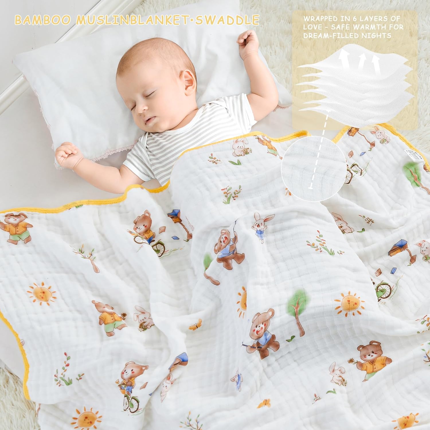 ROSE FEATHER 6-Layer Muslin Baby Blanket with Bear Print