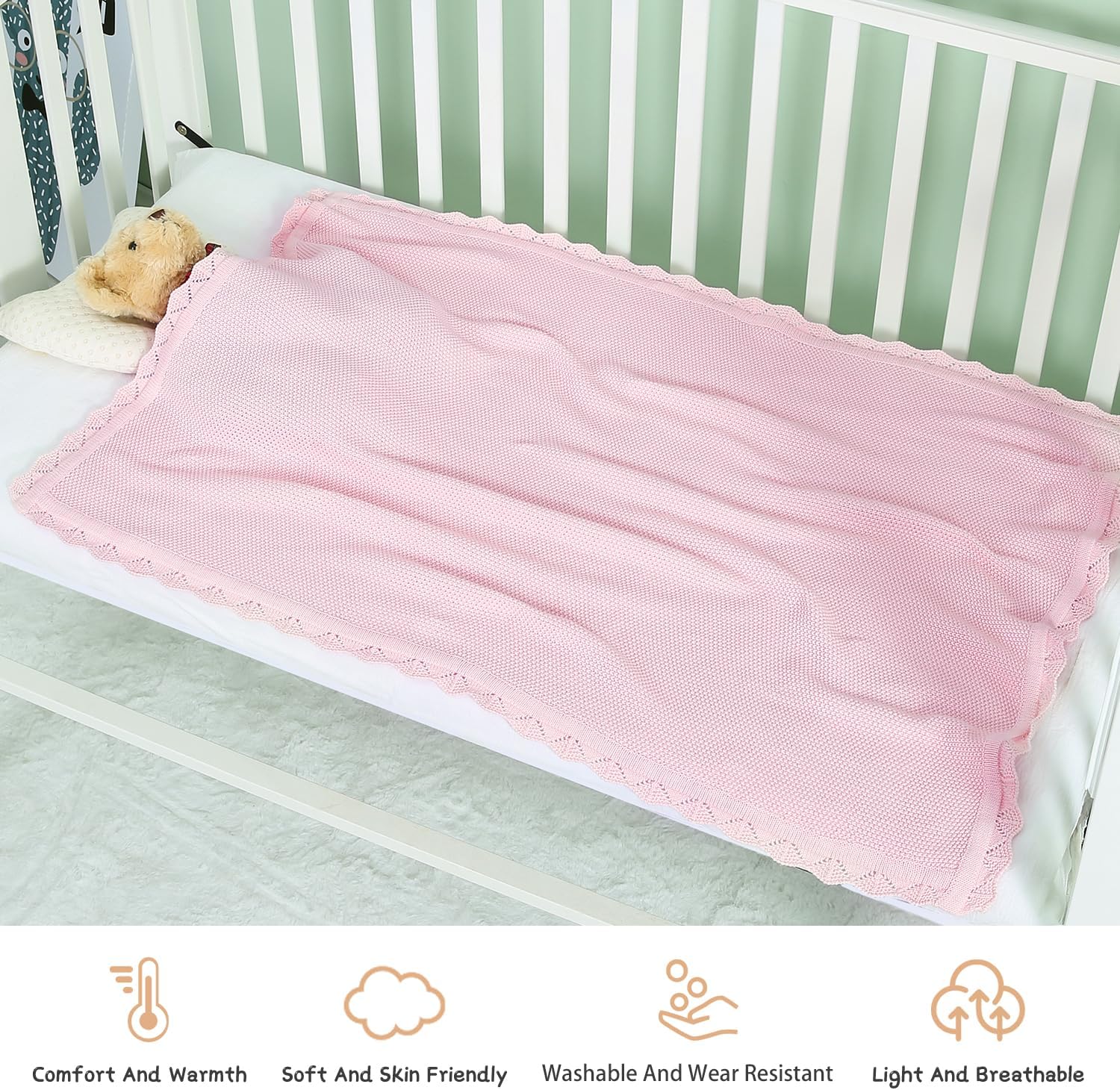 100 Cotton Baby Blanket Knit Soft Warm Light Pink 30x40 Inches