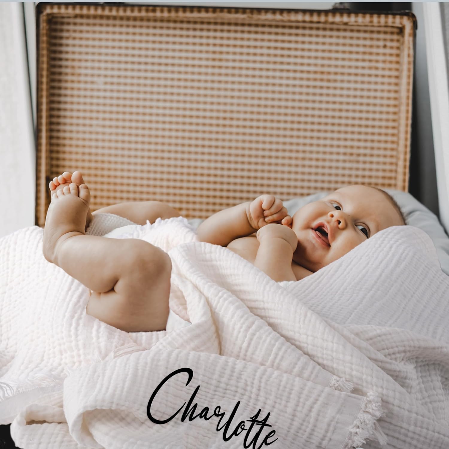 Personalized Muslin Baby Blanket with Boy Girl Name Embroidery