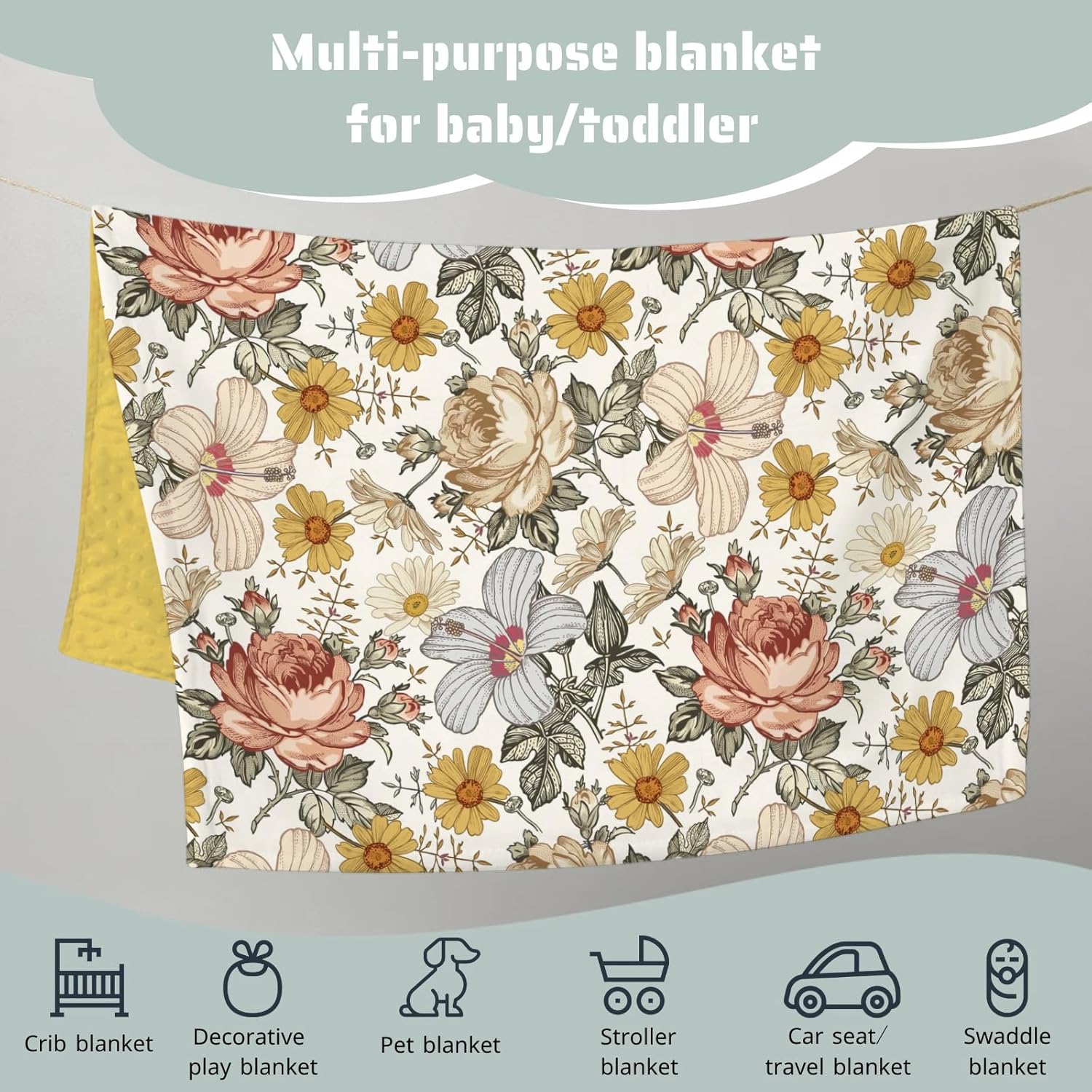 Retro Boho Peony Floral Mink Baby Blanket with Dotted Backing