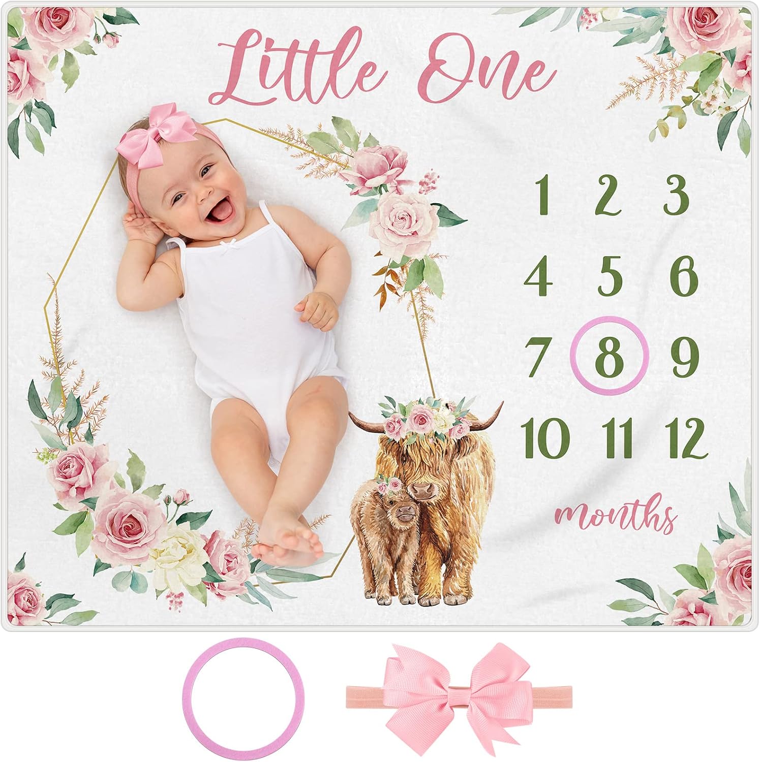 Mixweer 3 Pcs Baby Milestone Blanket with Bow Headband and Felt Circle