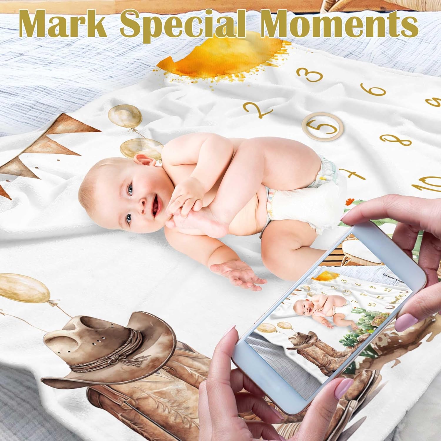 Western Milestone Blanket Baby Boy with Wooden Frame