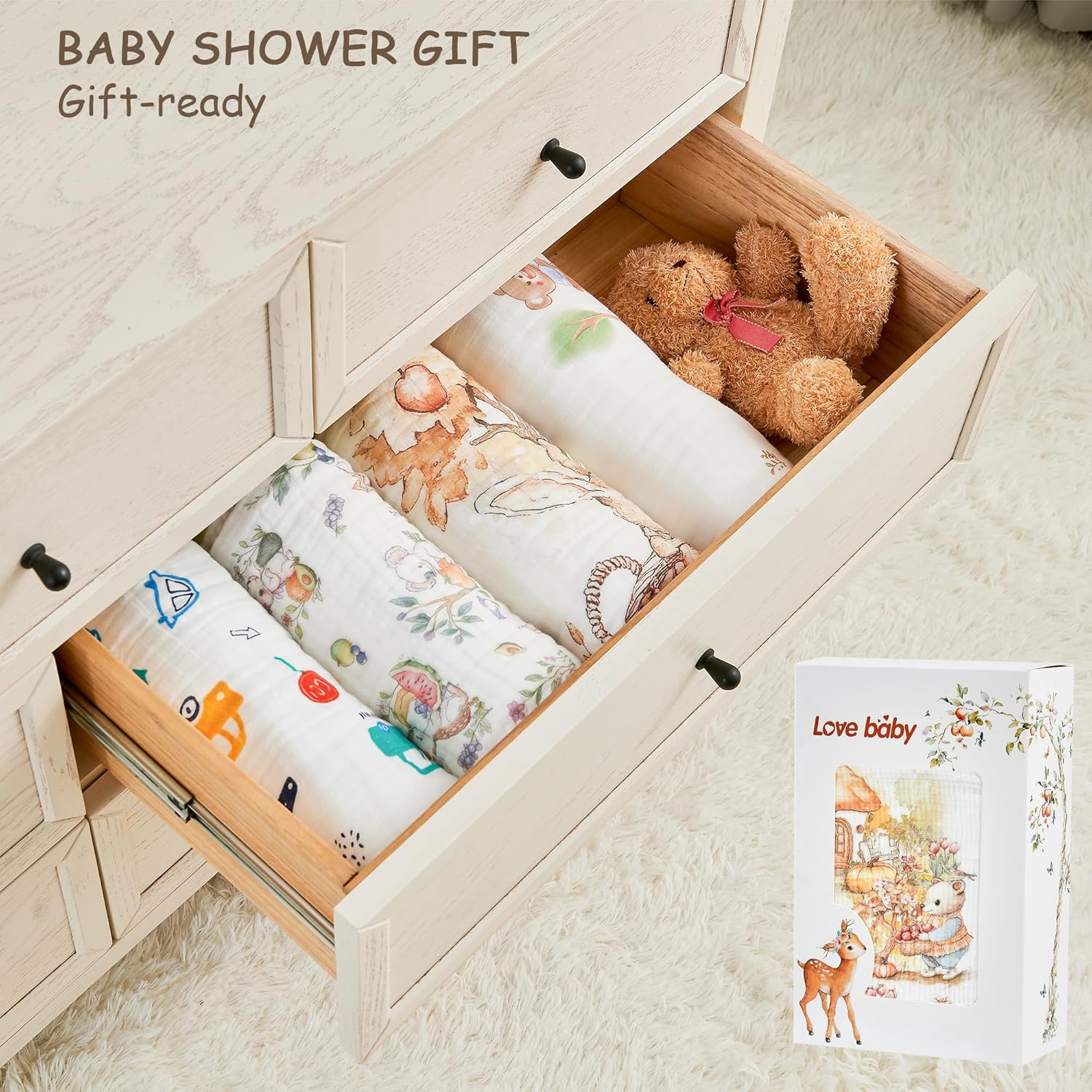 ROSE FEATHER 6-Layer Muslin Baby Blanket with Rabbit Print