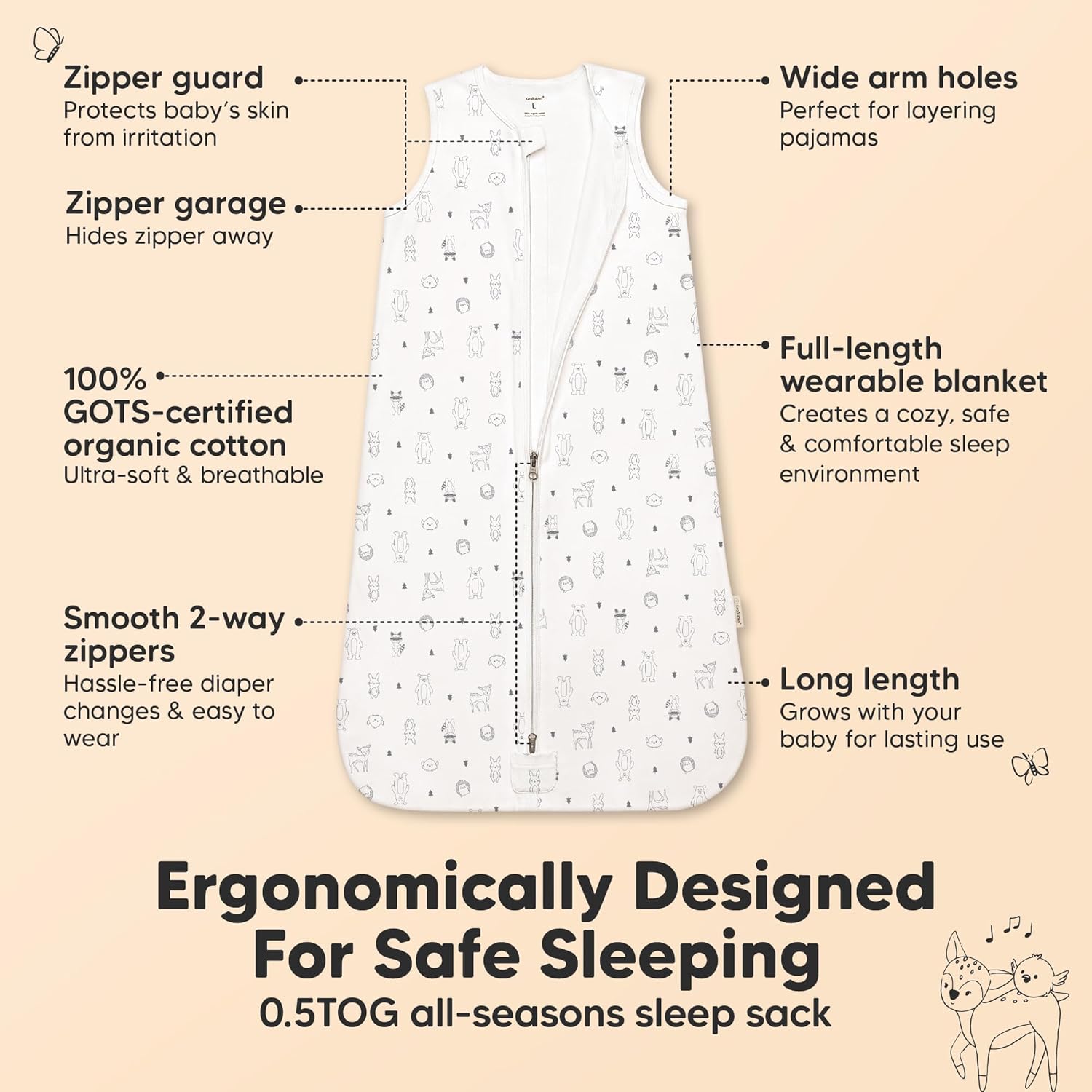 KeaBabies 2-Pack Zipper Sleep Sacks - 05TOG Organic Cotton Woodland Design