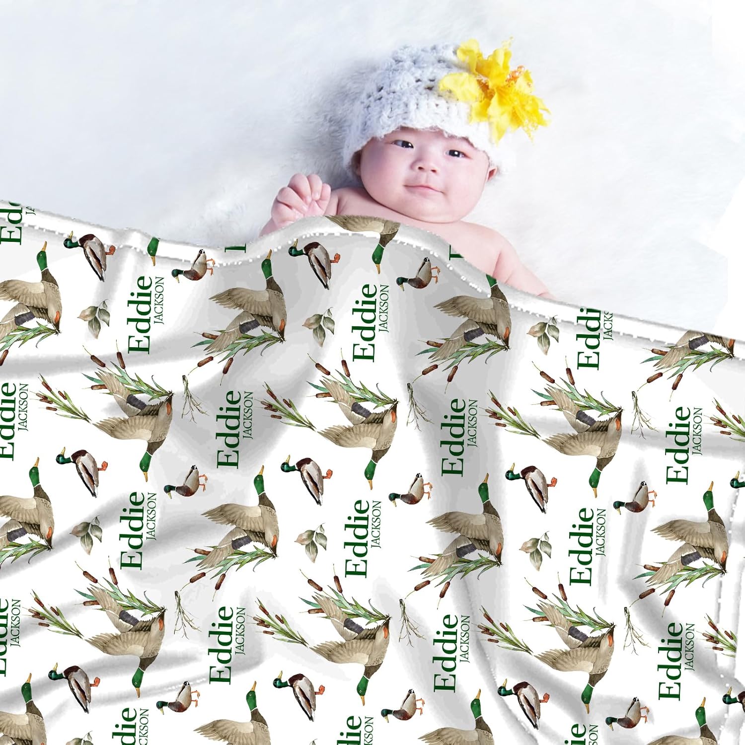 Personalized Baby Blanket with Name - Flannel Fleece Wild Ducks Design
