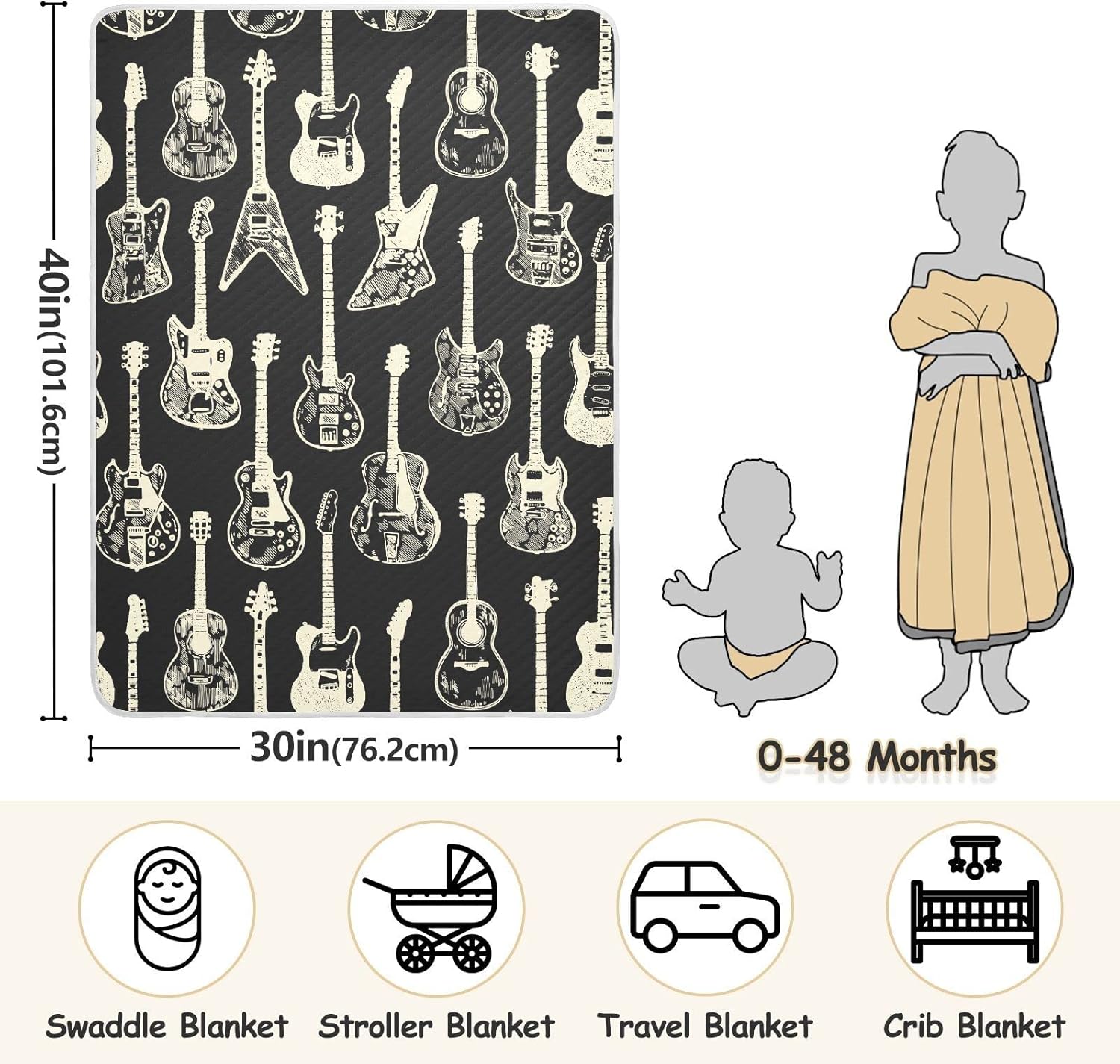 Pigsaly White Black Electric Guitar Baby Blanket 30x40