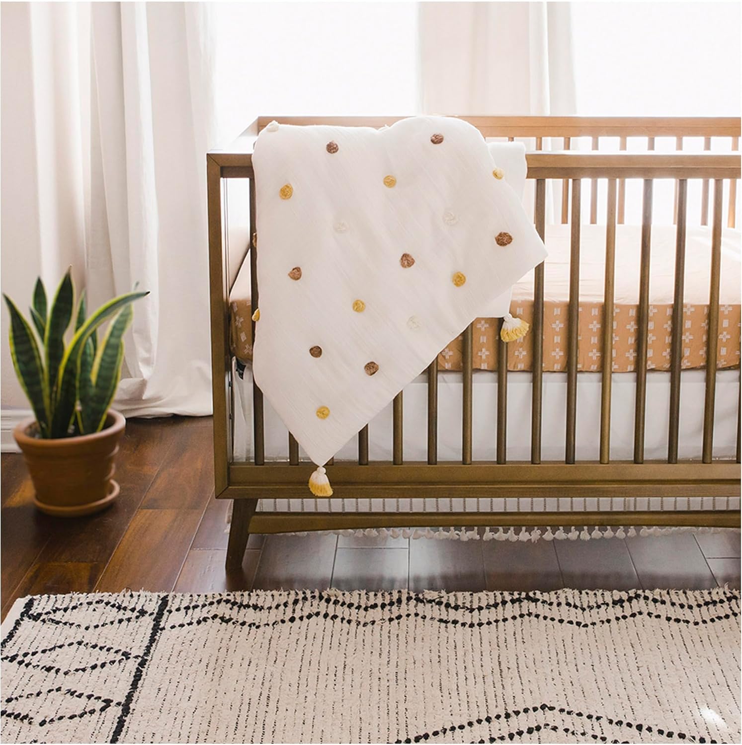 Crane Baby Blanket 36 x 36 Cream Soft Cotton Pom Pom