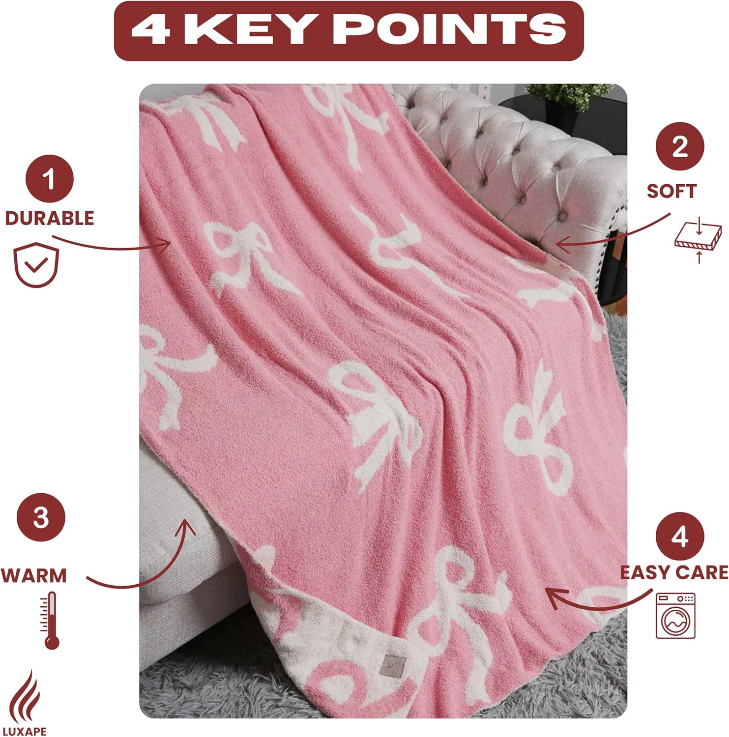 Luxape Bow Blanket Soft Reversible Throw for Baby