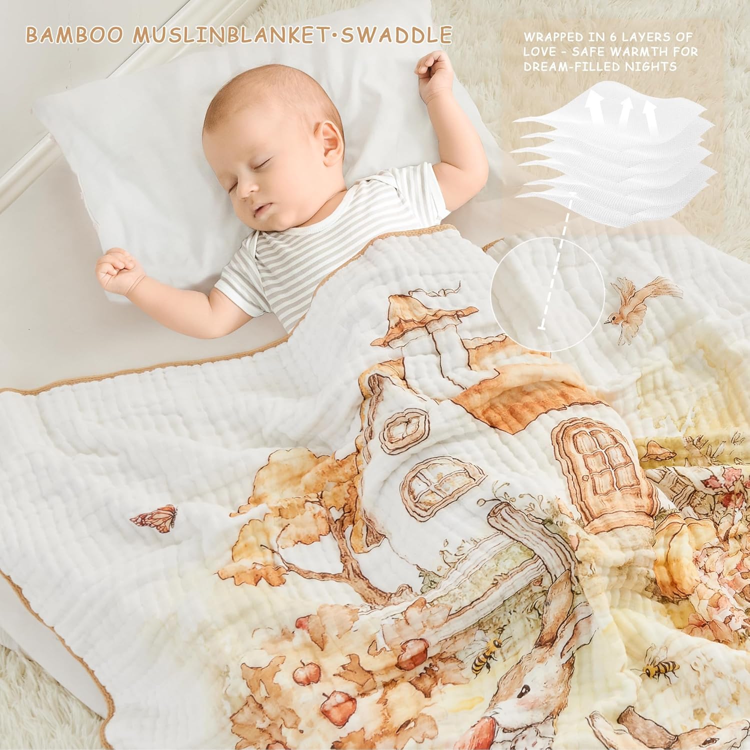 ROSE FEATHER 6-Layer Muslin Baby Blanket with Rabbit Print