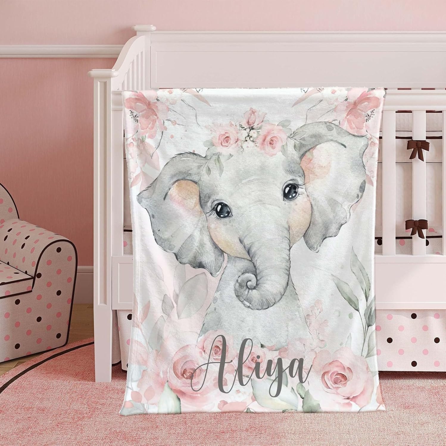 Personalized Baby Elephant Blanket with Pink Flowers