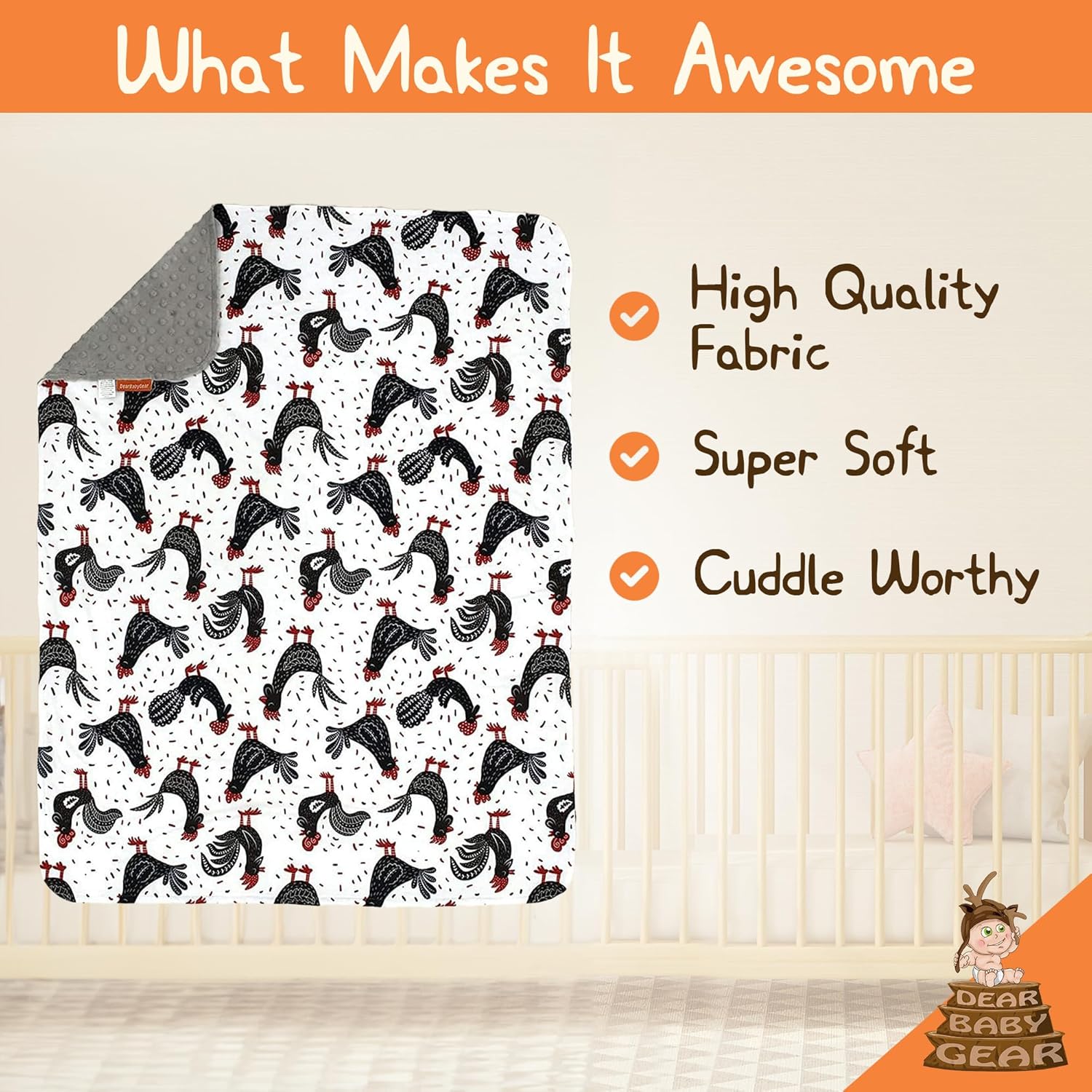 Dear Baby Gear Farm Deluxe Baby Blanket - Black and Red Chickens