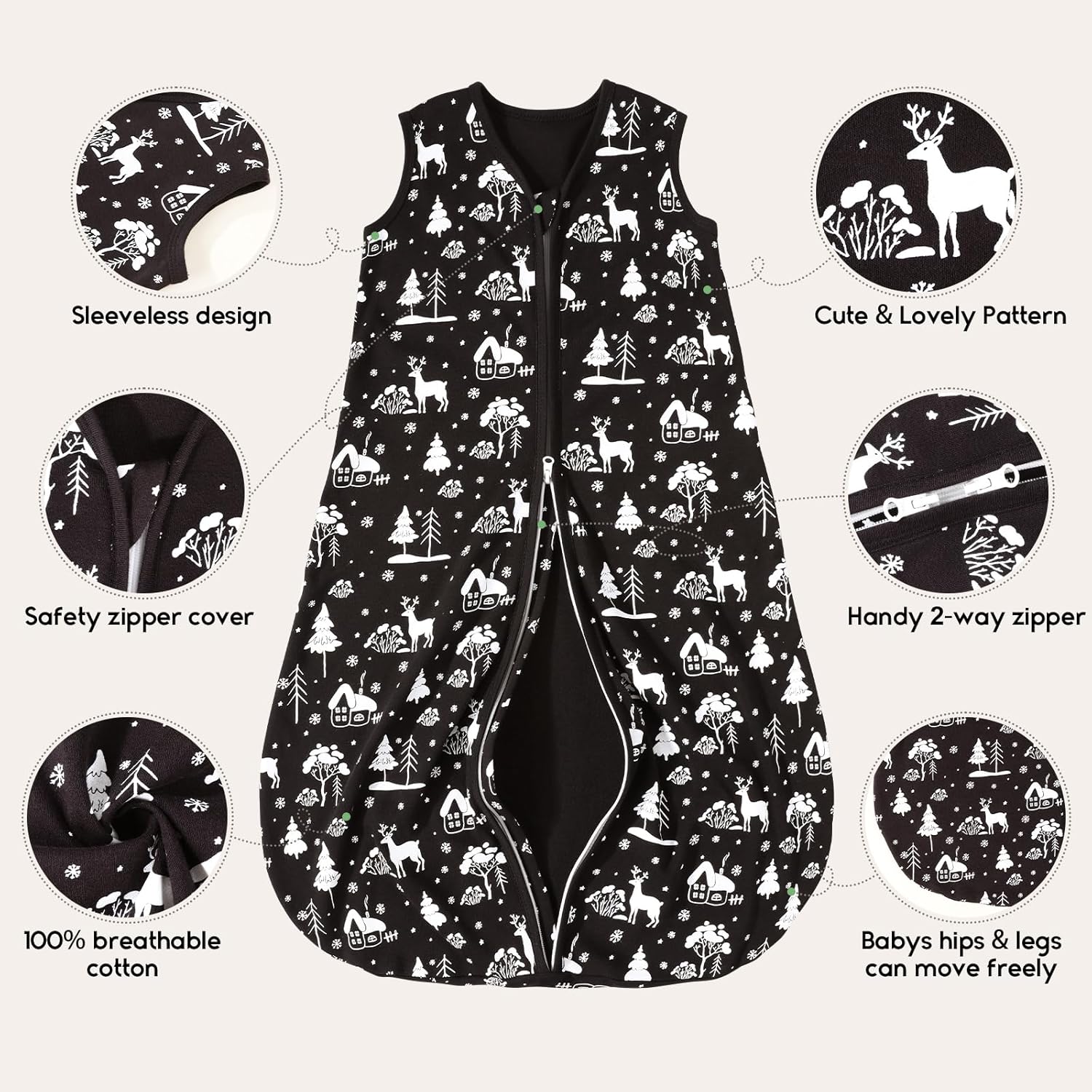 Yoofoss 0-6 Months Organic Cotton Sleep Sack 2-Way Zipper 05 TOG