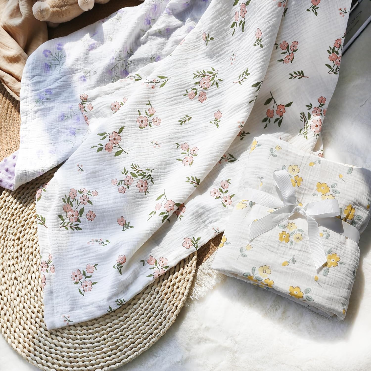 BOPRIO Pink Floral Muslin Baby Blanket 30x40