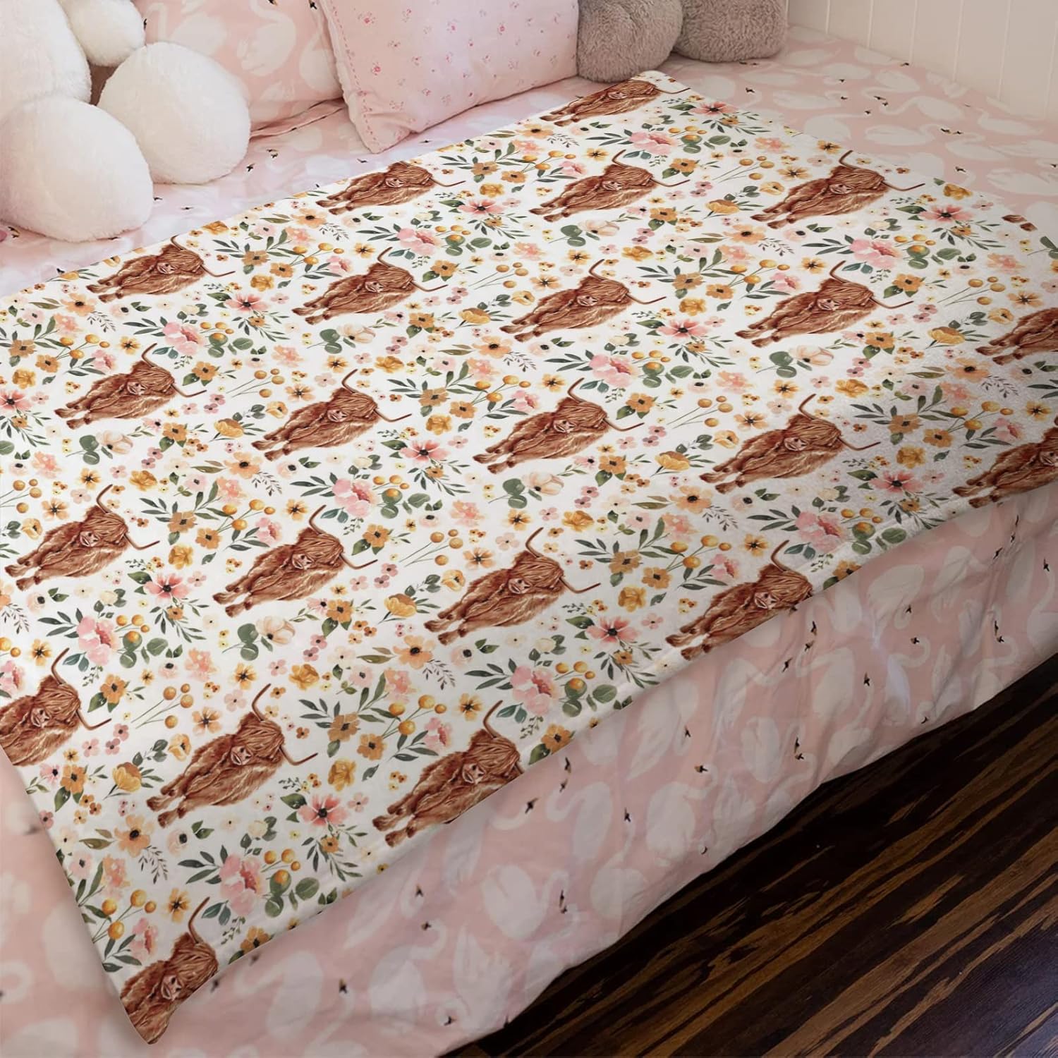Boho Highland Cow Floral Baby Blanket for Kids