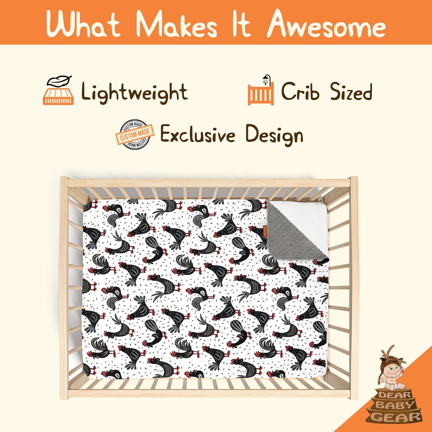 Dear Baby Gear Farm Deluxe Baby Blanket - Black and Red Chickens