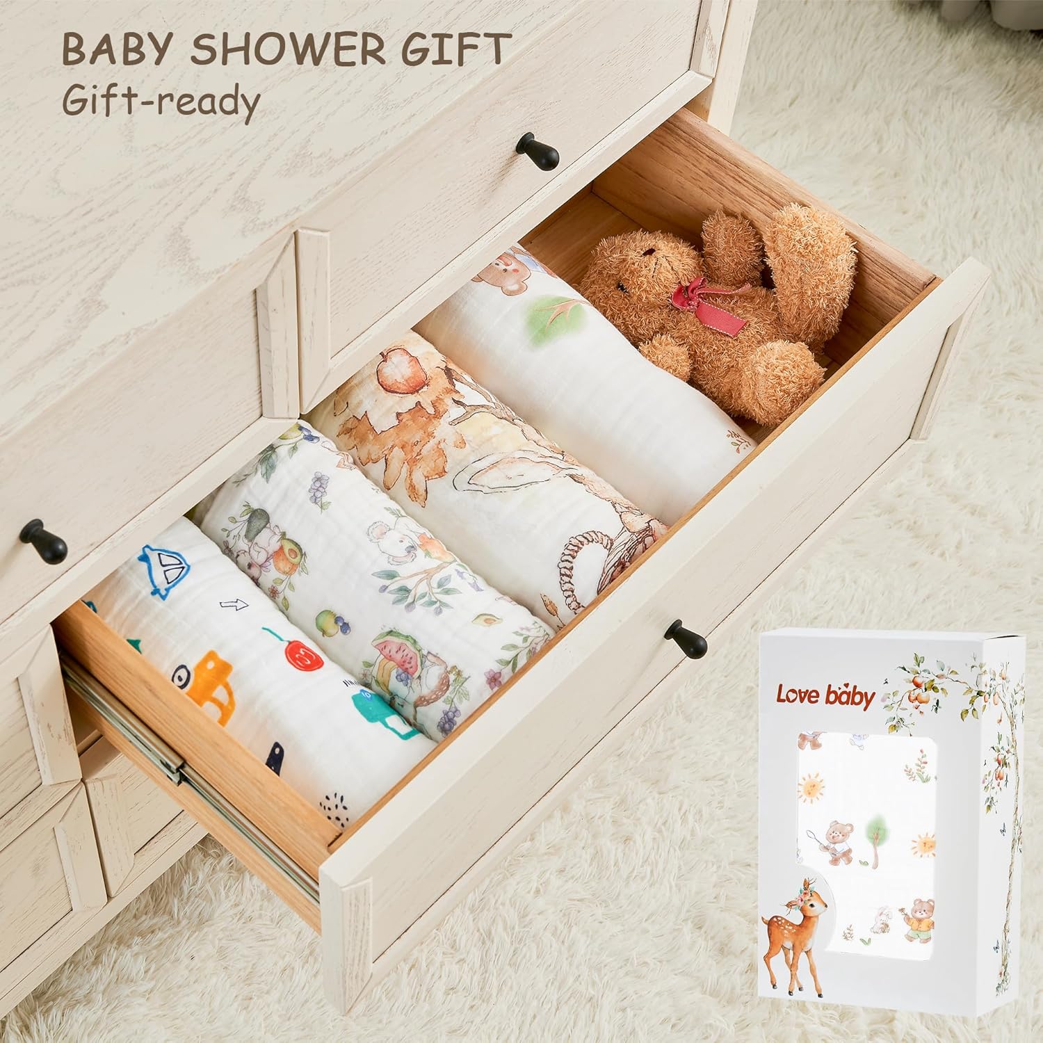 ROSE FEATHER 6-Layer Muslin Baby Blanket with Bear Print
