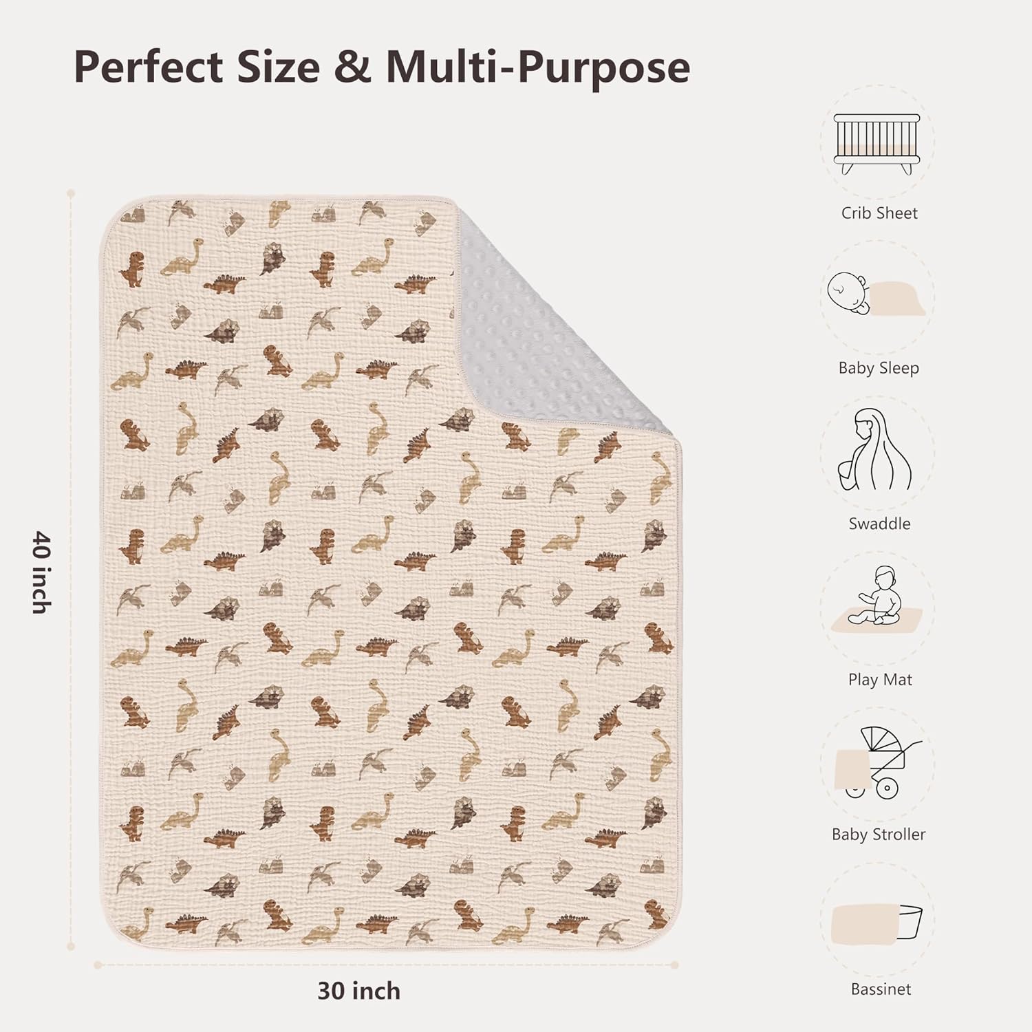 Susurration Baby Blanket Dinosaur Soft Minky with Muslin Cotton and Dotted Fleece Back