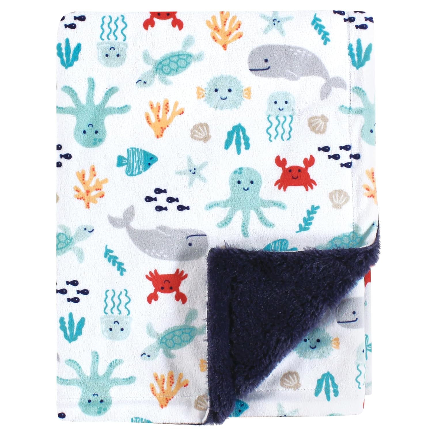 Hudson Baby Plush Blanket with Furry Binding Sea Characters One Size