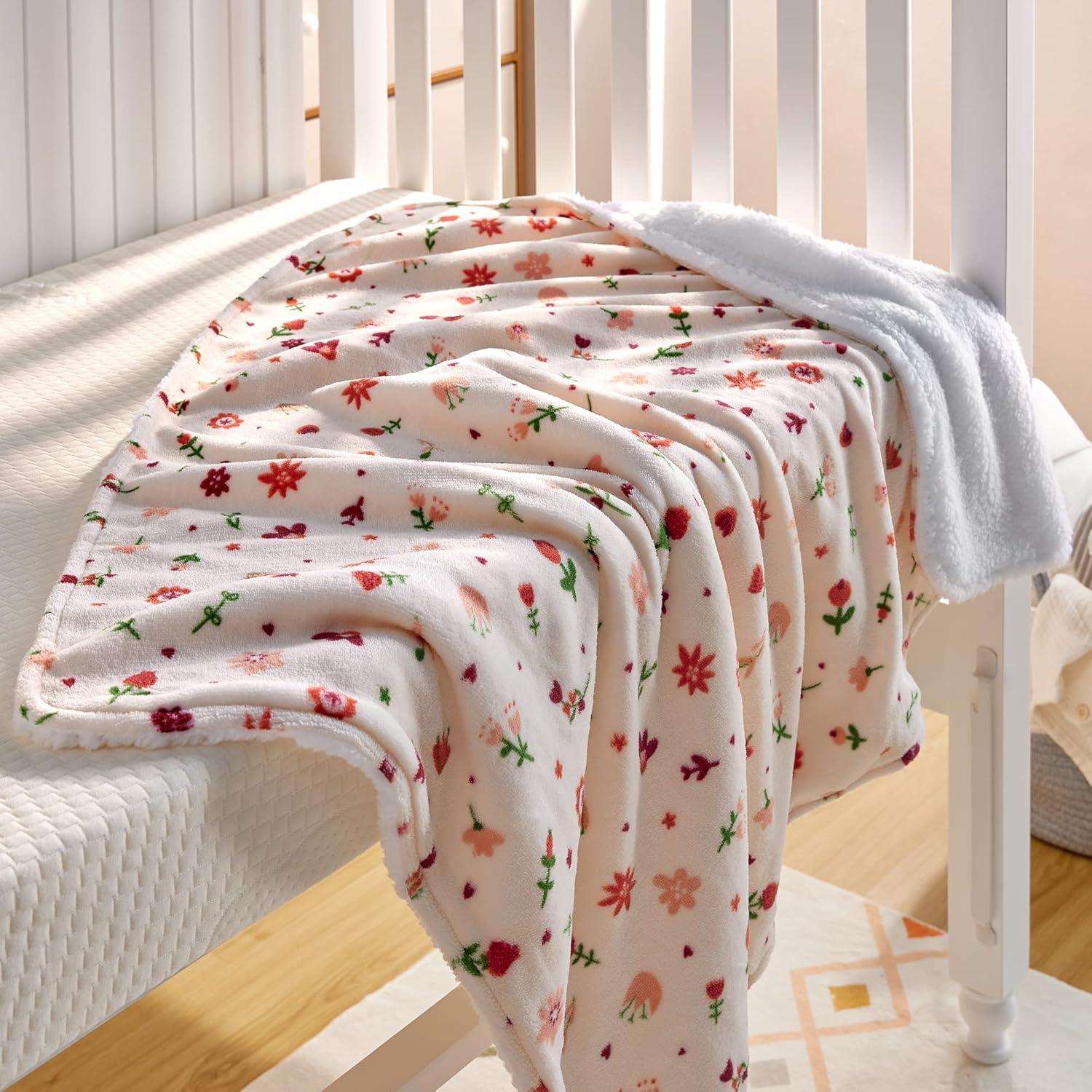 DaysU Reversible Flannel Sherpa Baby Blanket with Flower Print