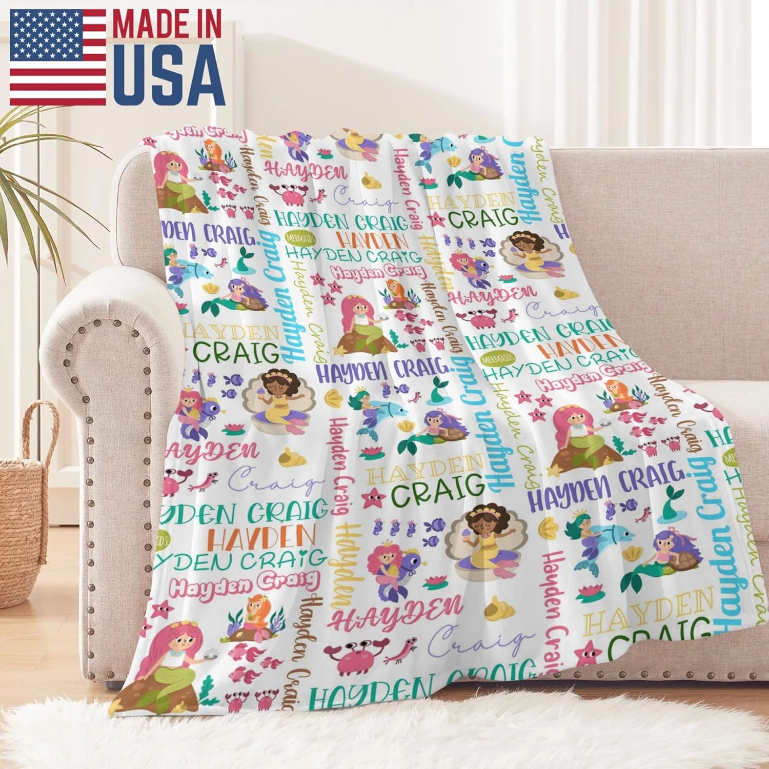 Personalized Baby Name Blanket with Mermaid Design