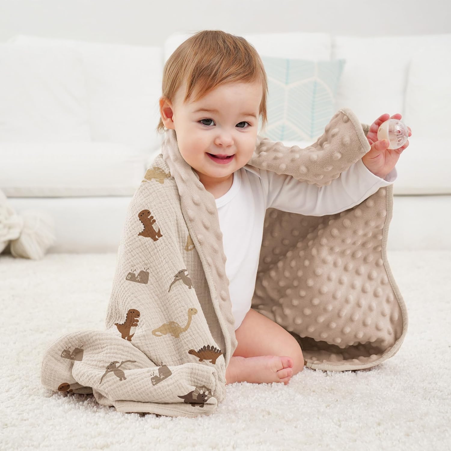 Susurration Baby Blanket Dinosaur Soft Minky with Muslin Cotton and Dotted Fleece Back