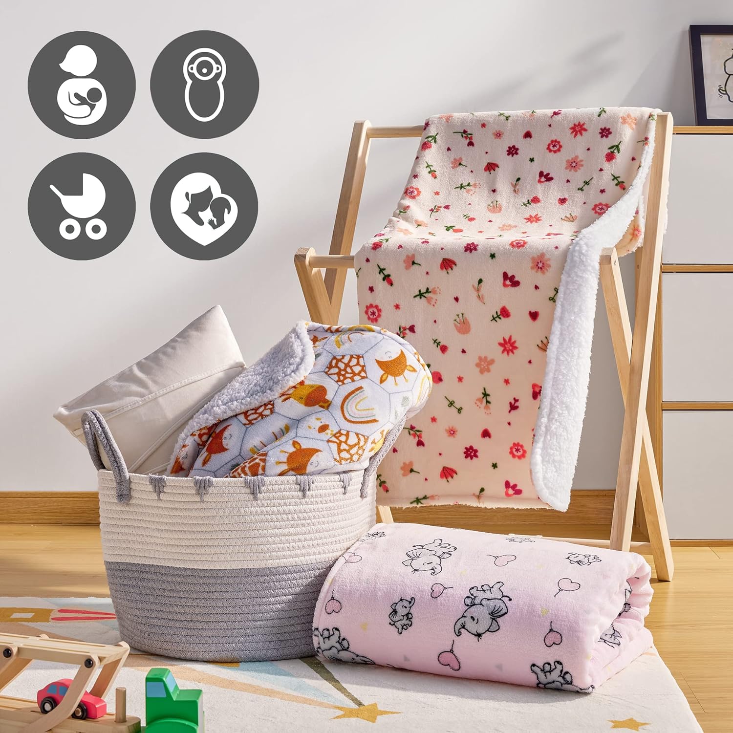 DaysU Reversible Flannel Sherpa Baby Blanket with Flower Print