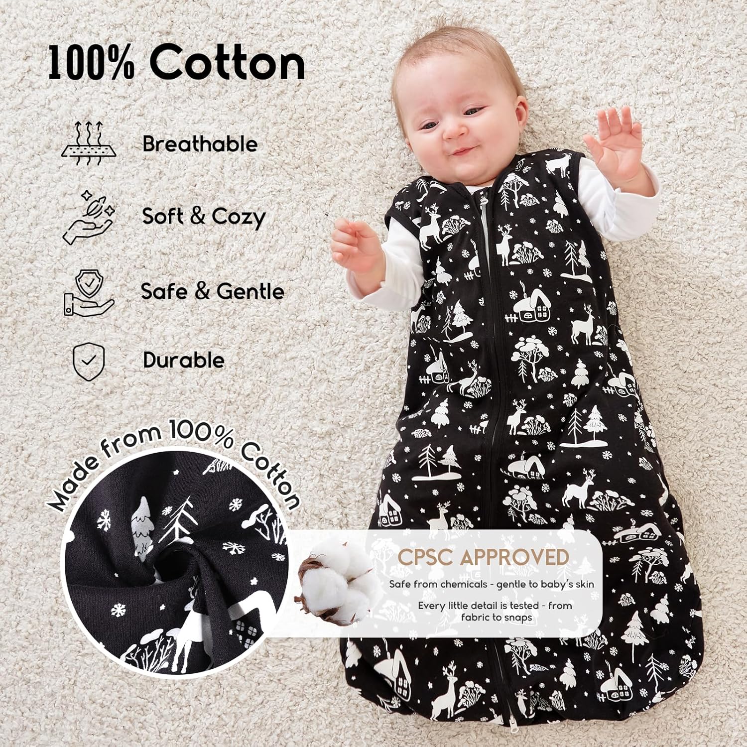 Yoofoss 0-6 Months Organic Cotton Sleep Sack 2-Way Zipper 05 TOG