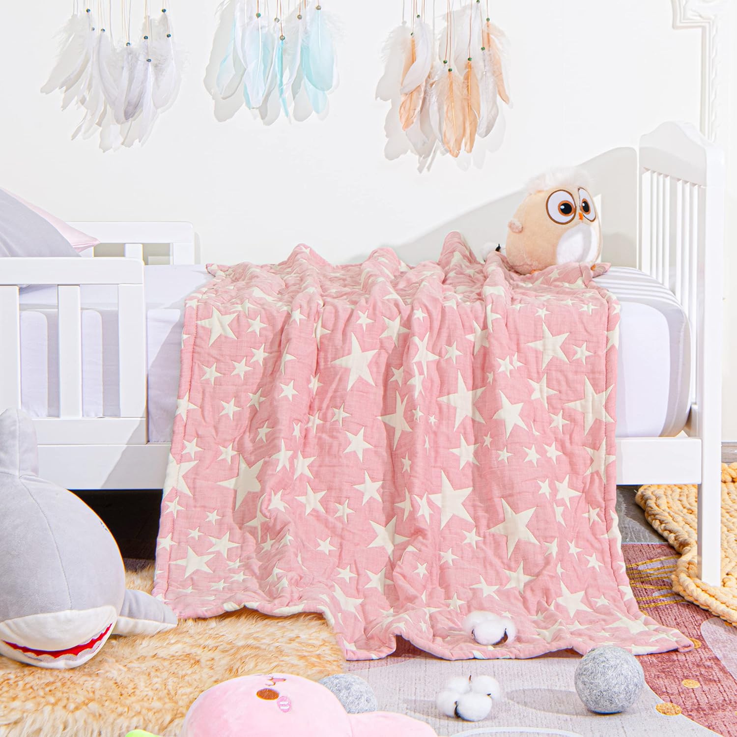 NTBAY 3 Layer Toddler Blanket Lightweight Thermal Blanket Pink Star Design