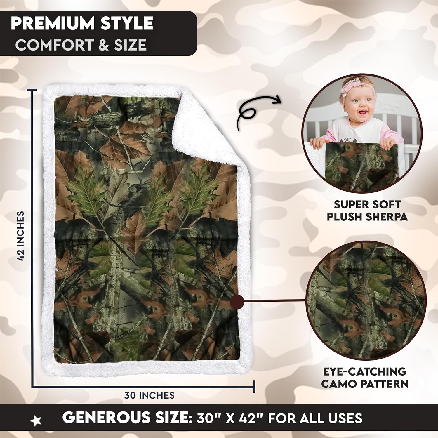 TrailCrest Baby Camo Swaddle Blanket with Sherpa Lining 1