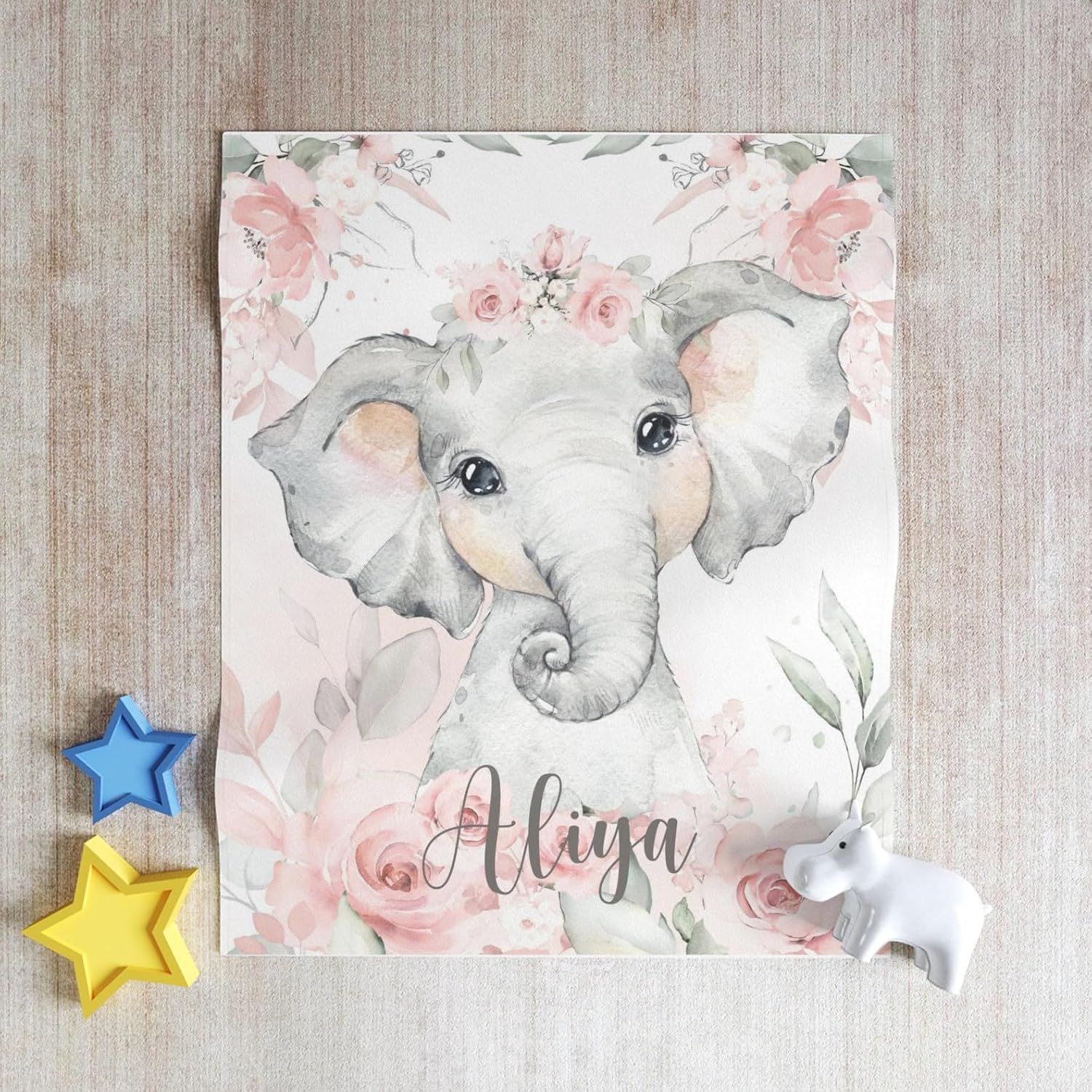 Personalized Baby Elephant Blanket with Pink Flowers