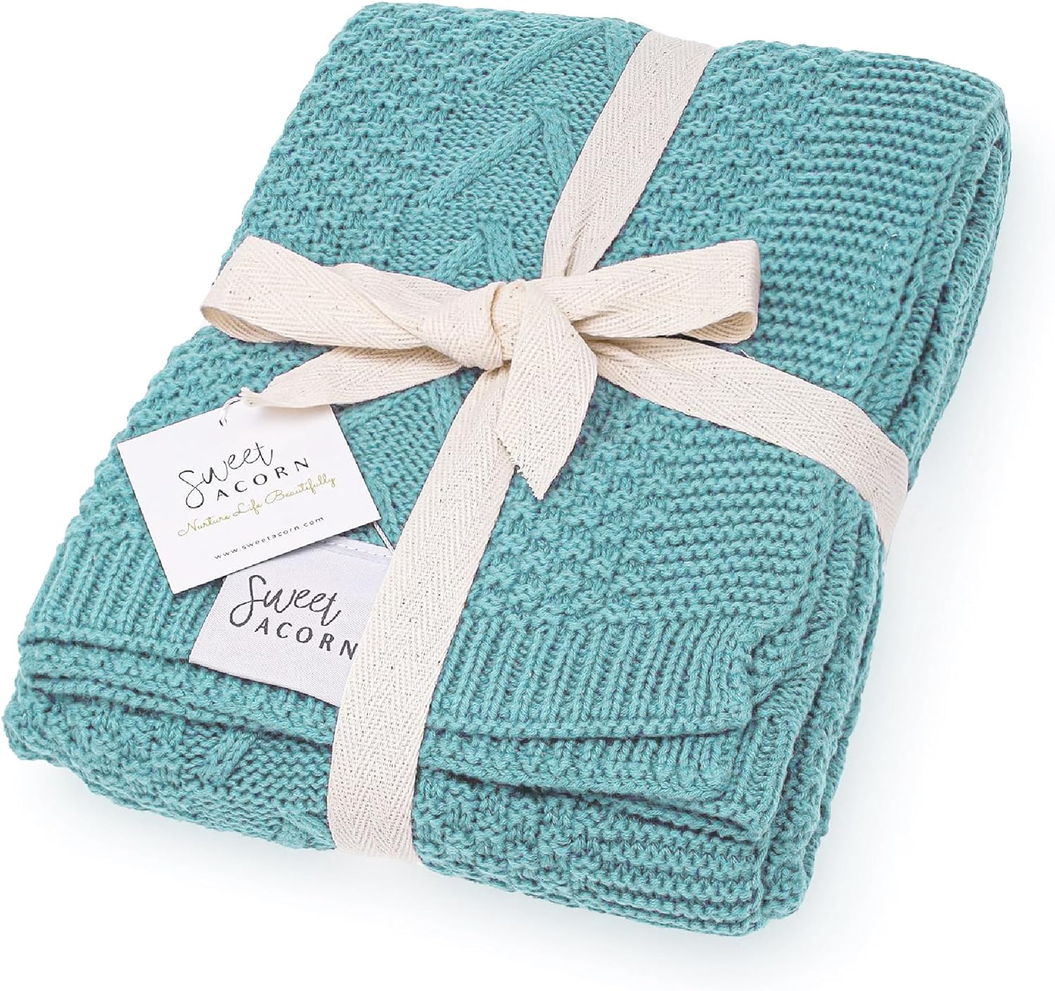 Sweet Acorn Cable Knit Baby Blanket Ocean Teal