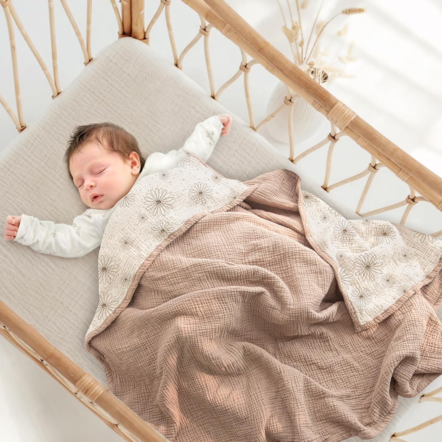 Lulu Moon Muslin Blanket Sand Daisy Print 47x47 Inches