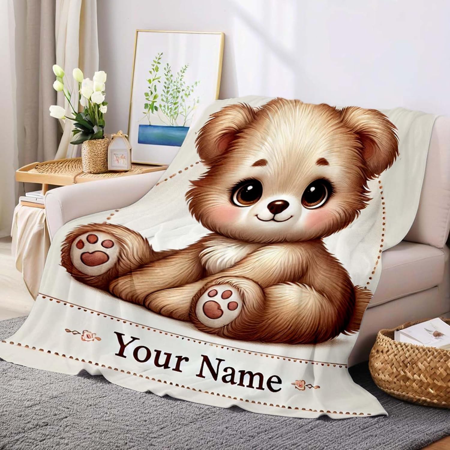 Personalized Bear Blanket with Name Custom Flannel Throw