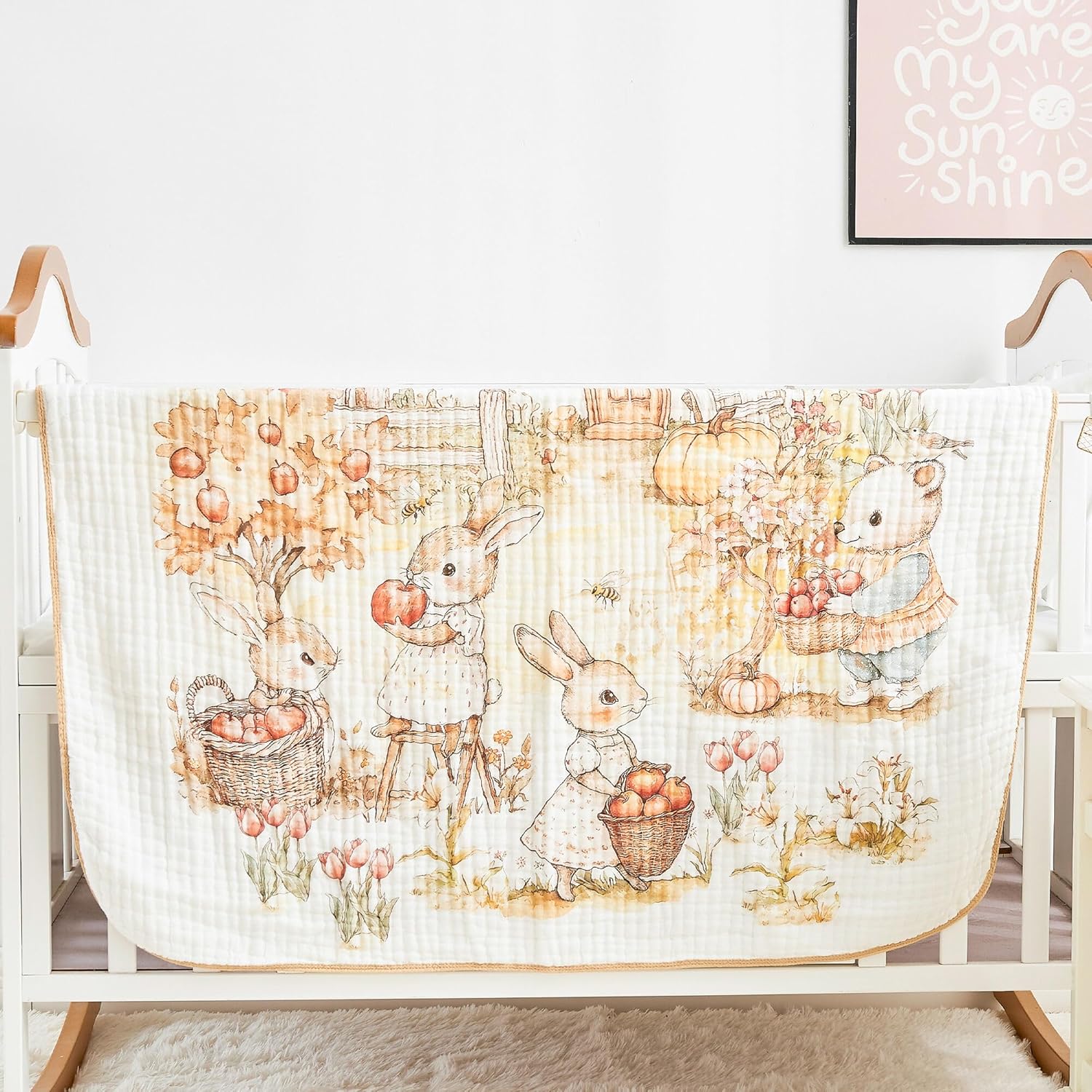 ROSE FEATHER 6-Layer Muslin Baby Blanket with Rabbit Print