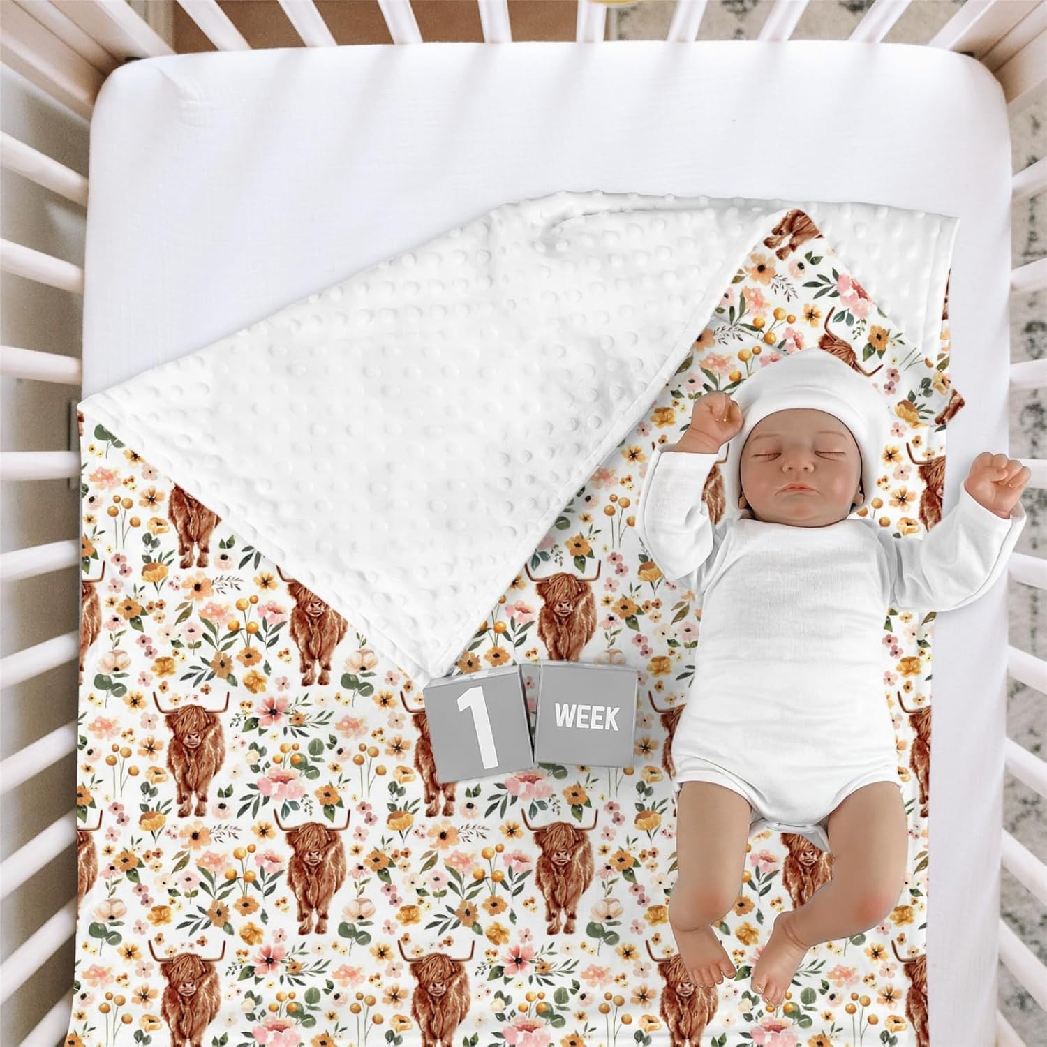Highland Cow Floral Mink Baby Blanket 30x40