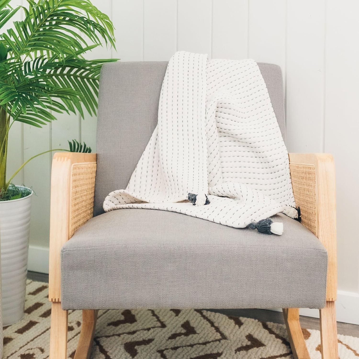 Crane Baby White and Black Stitched Stripe Blanket